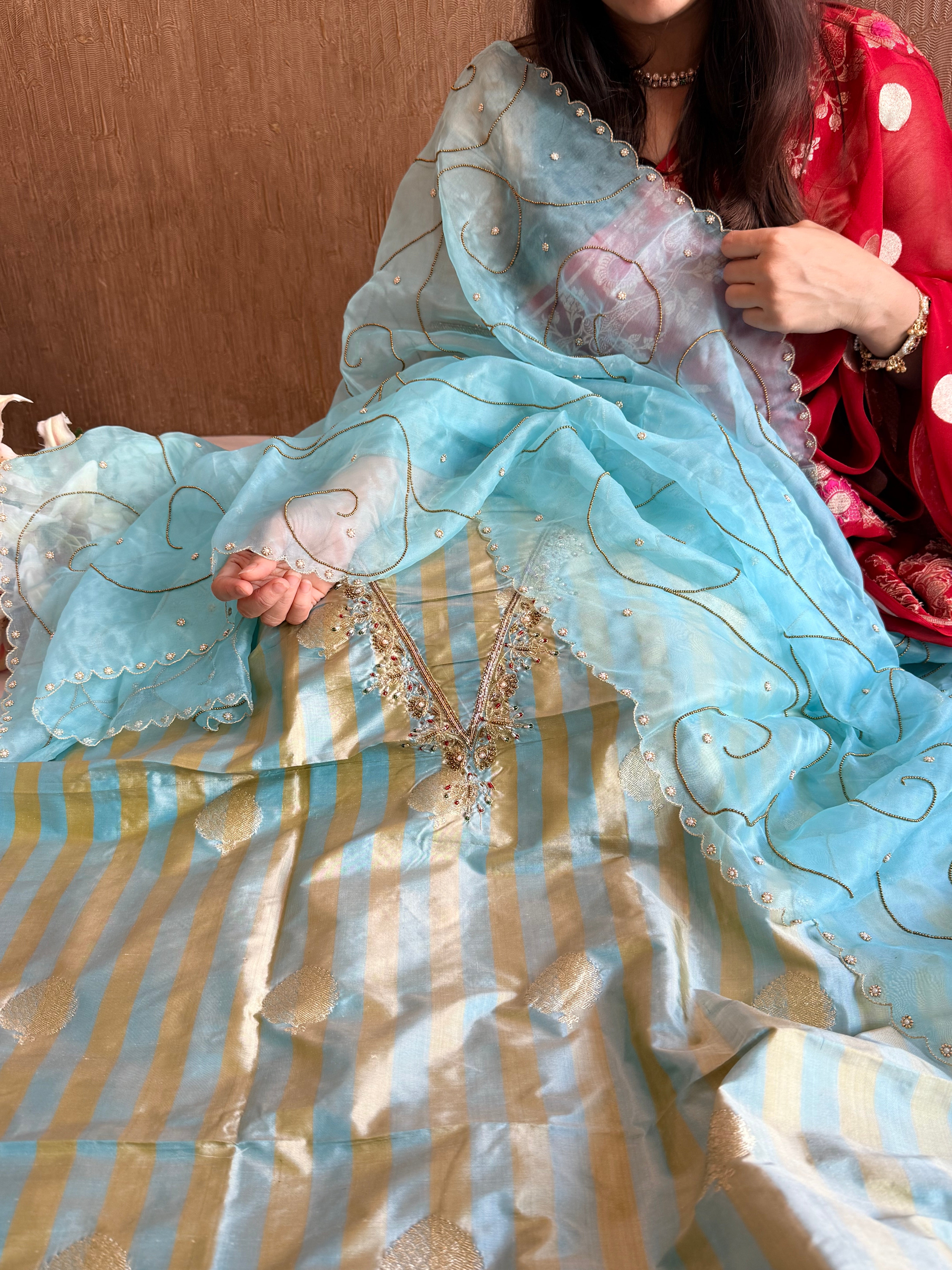 Katan silk kadhwa striped hand embroidered dhup chao effect suit set