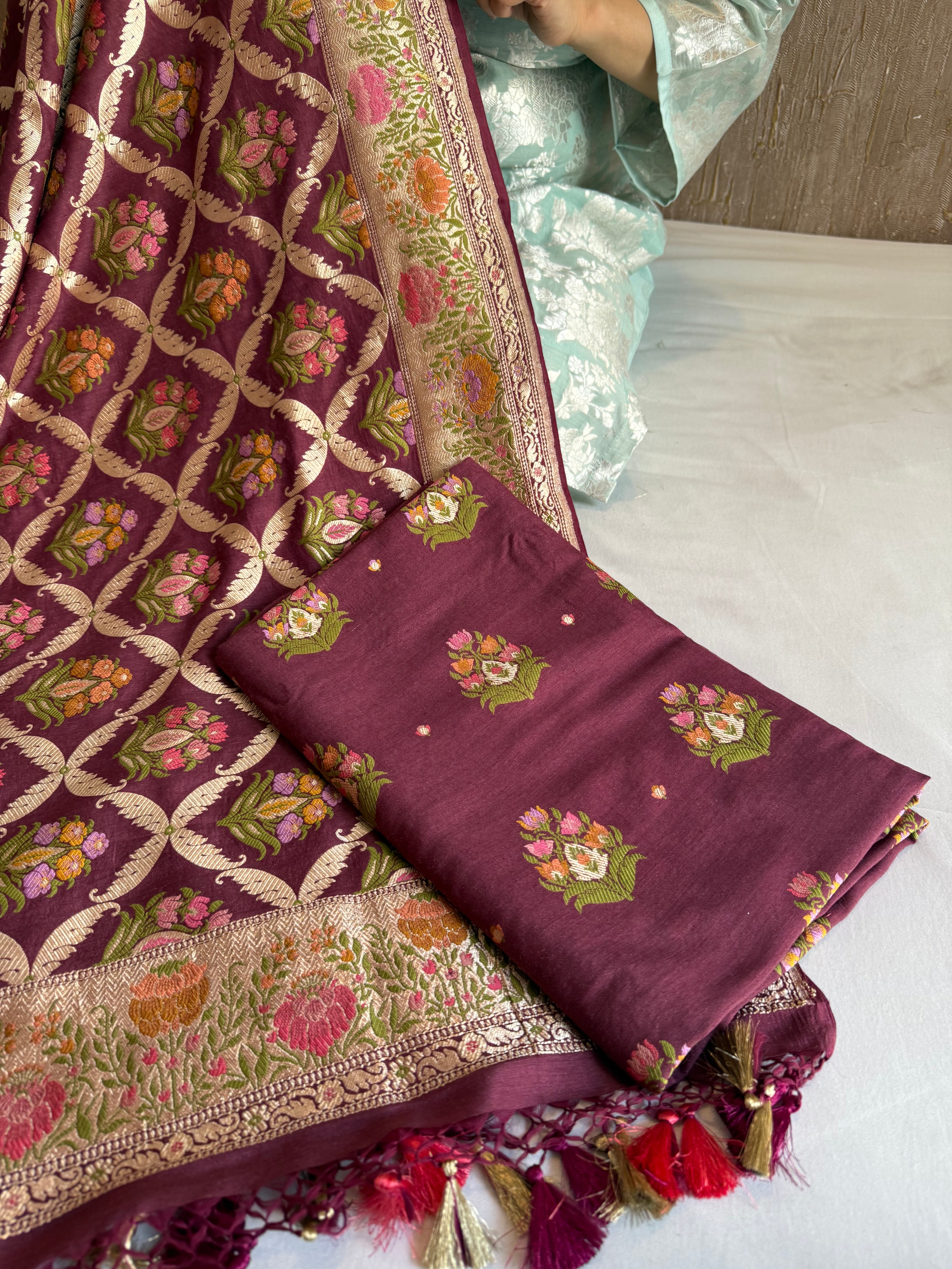 Deep purple moonga silk heavy meenakari kadhwa buti suit set