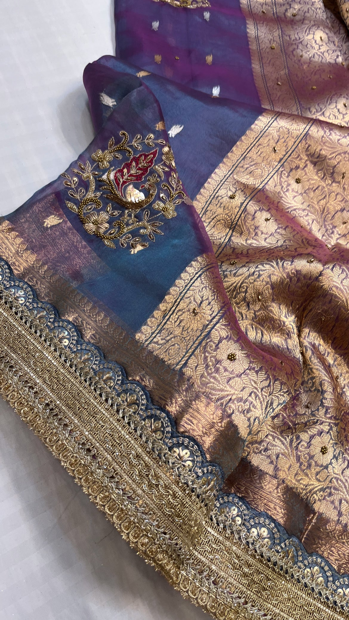 Husn midnight purple tissue silk hand embroidered saree