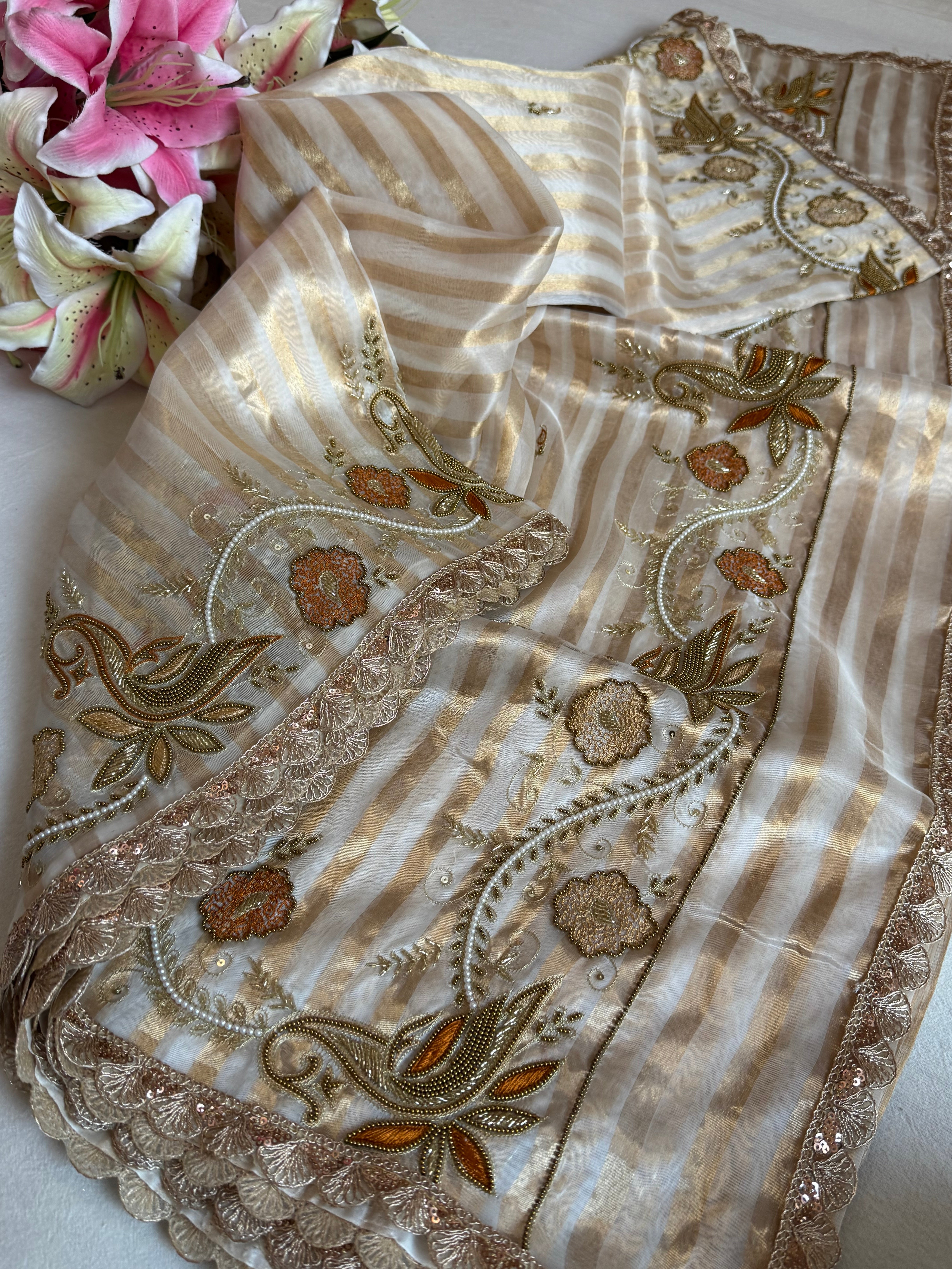 90s bollywood inspired diamond tissue silk striped shikargah border meenakari kadhwa saree