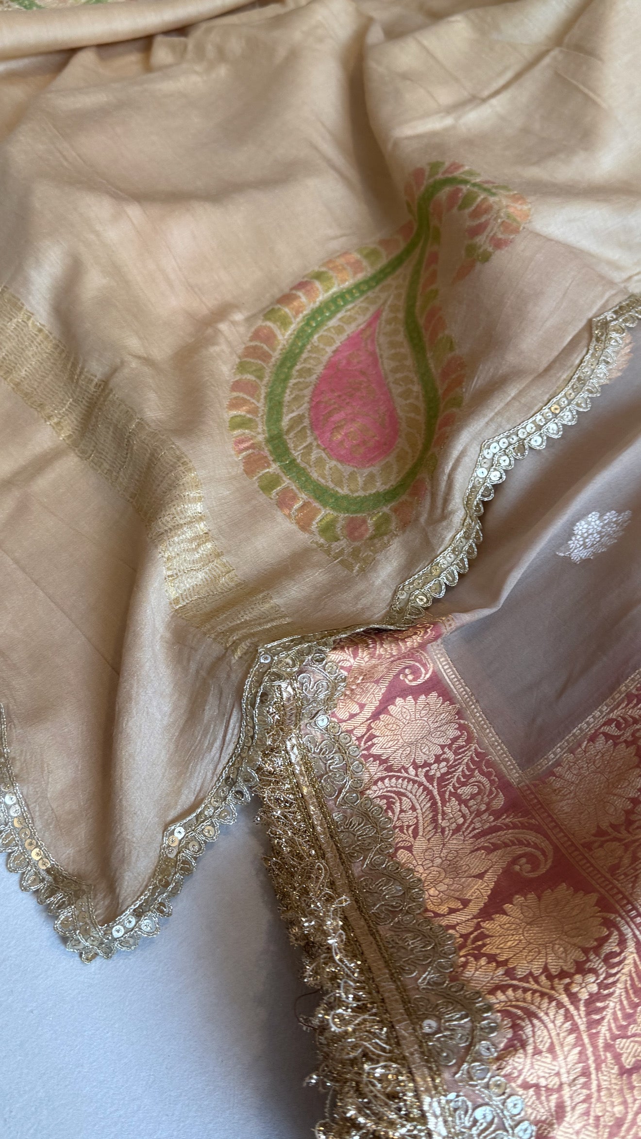 Kora silk chap dye contrast border kadhwa saree paired with moonga silk duppata