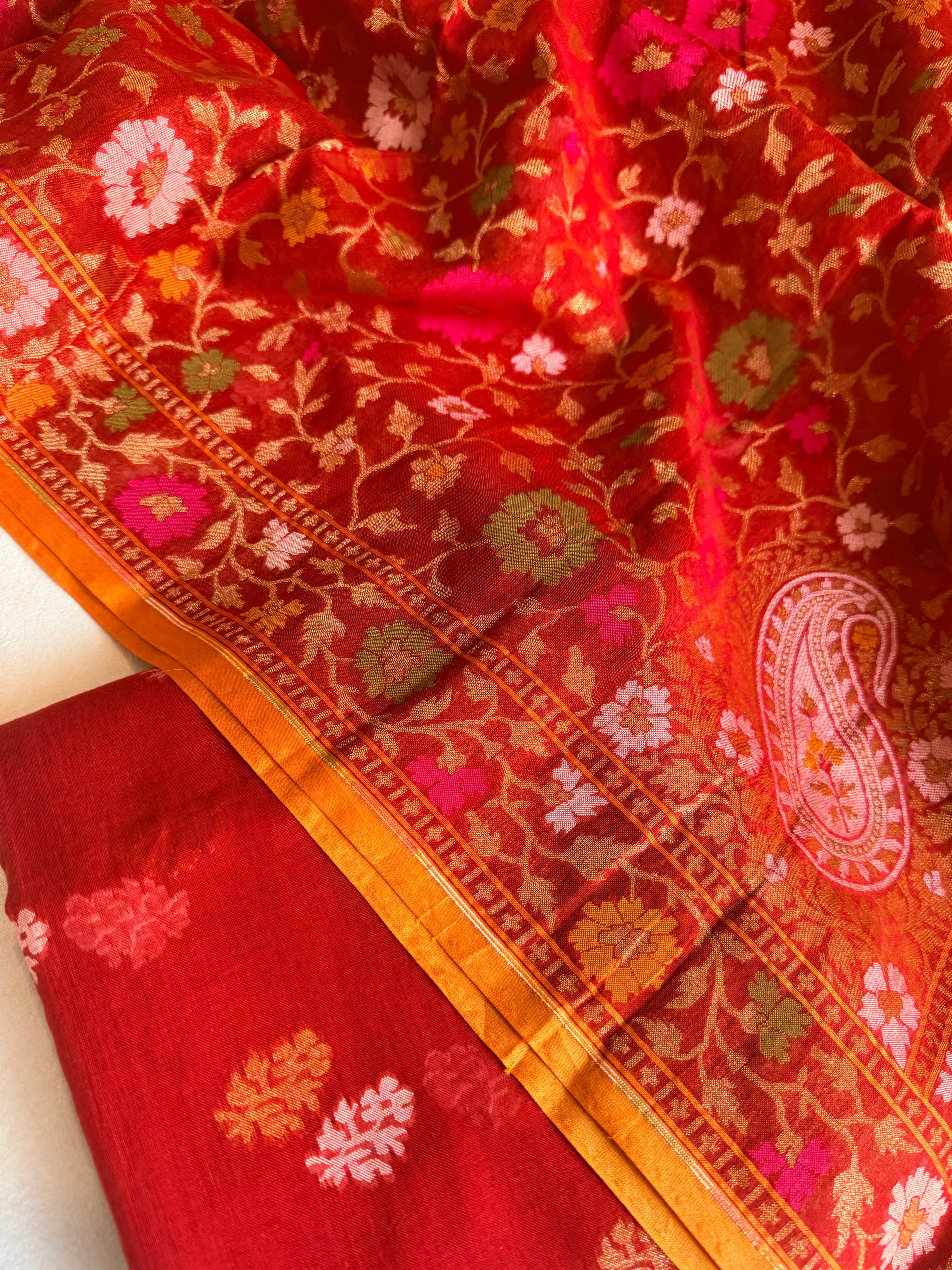 Banarasi iktara jamdani blood red sona rupa kadhwa suit set