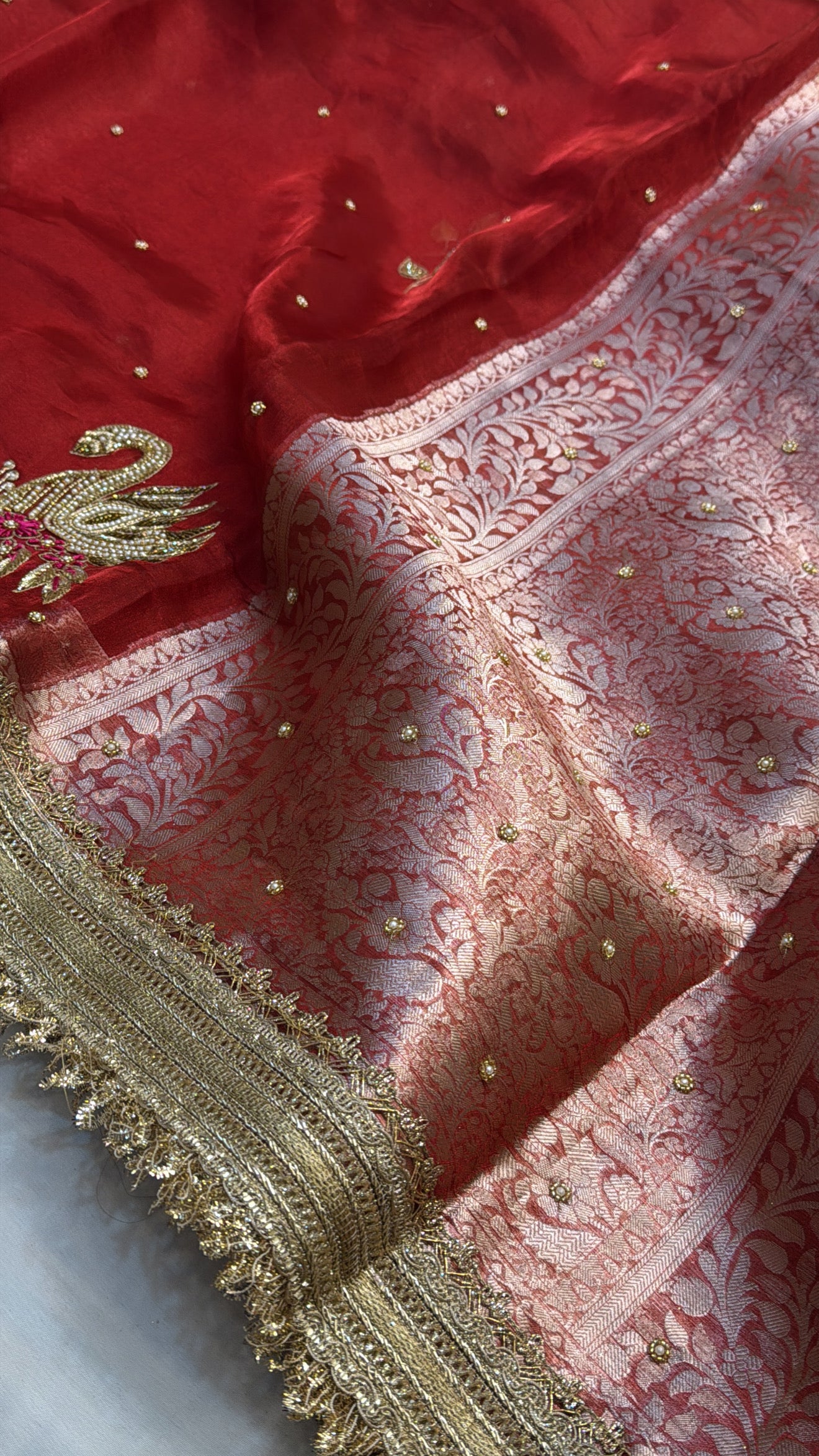 Dulhan ka joda husn red tissue silk hand embroidered saree