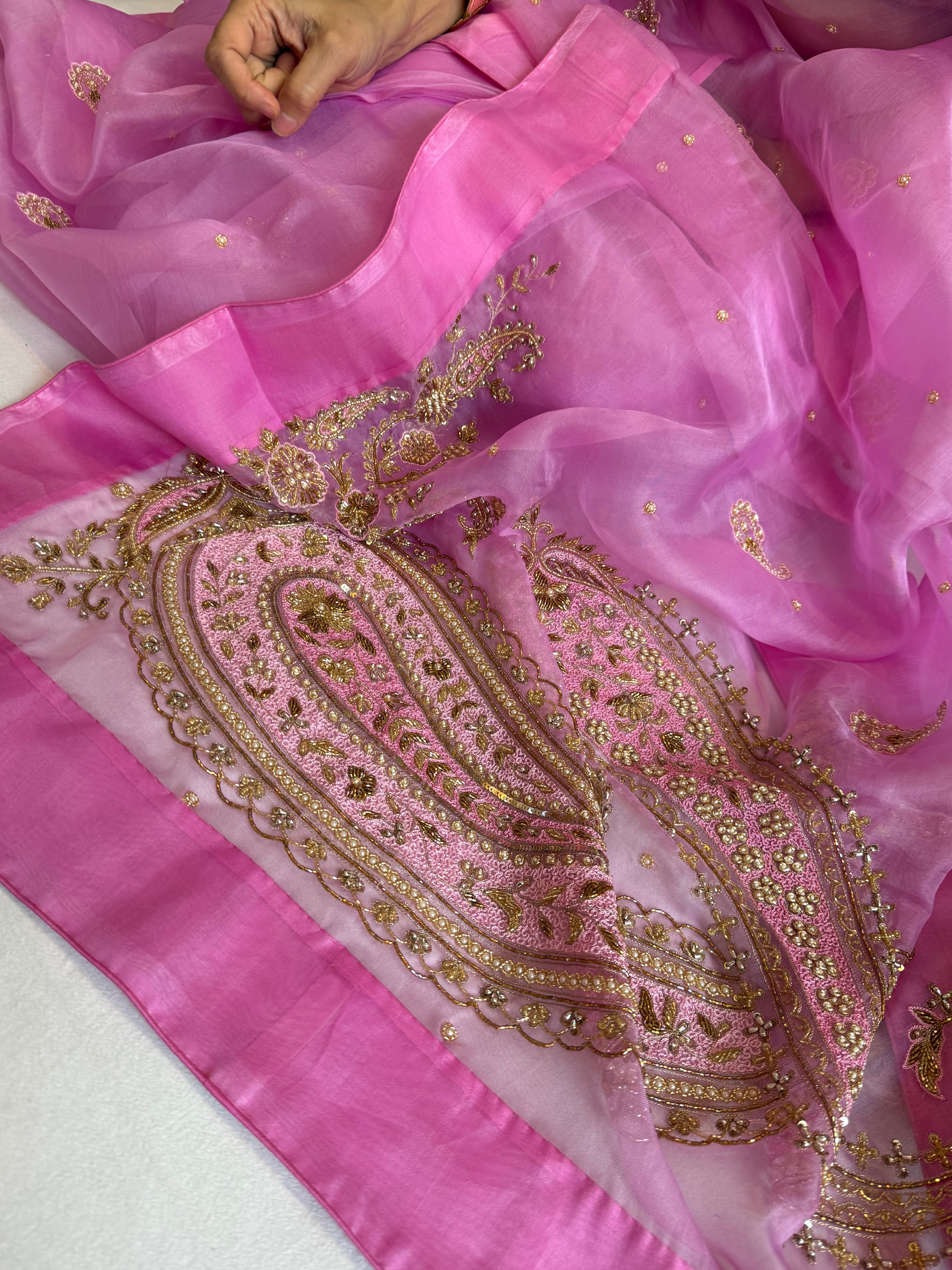 Blush pink organza silk satin border hand embroidered kadhwa saree