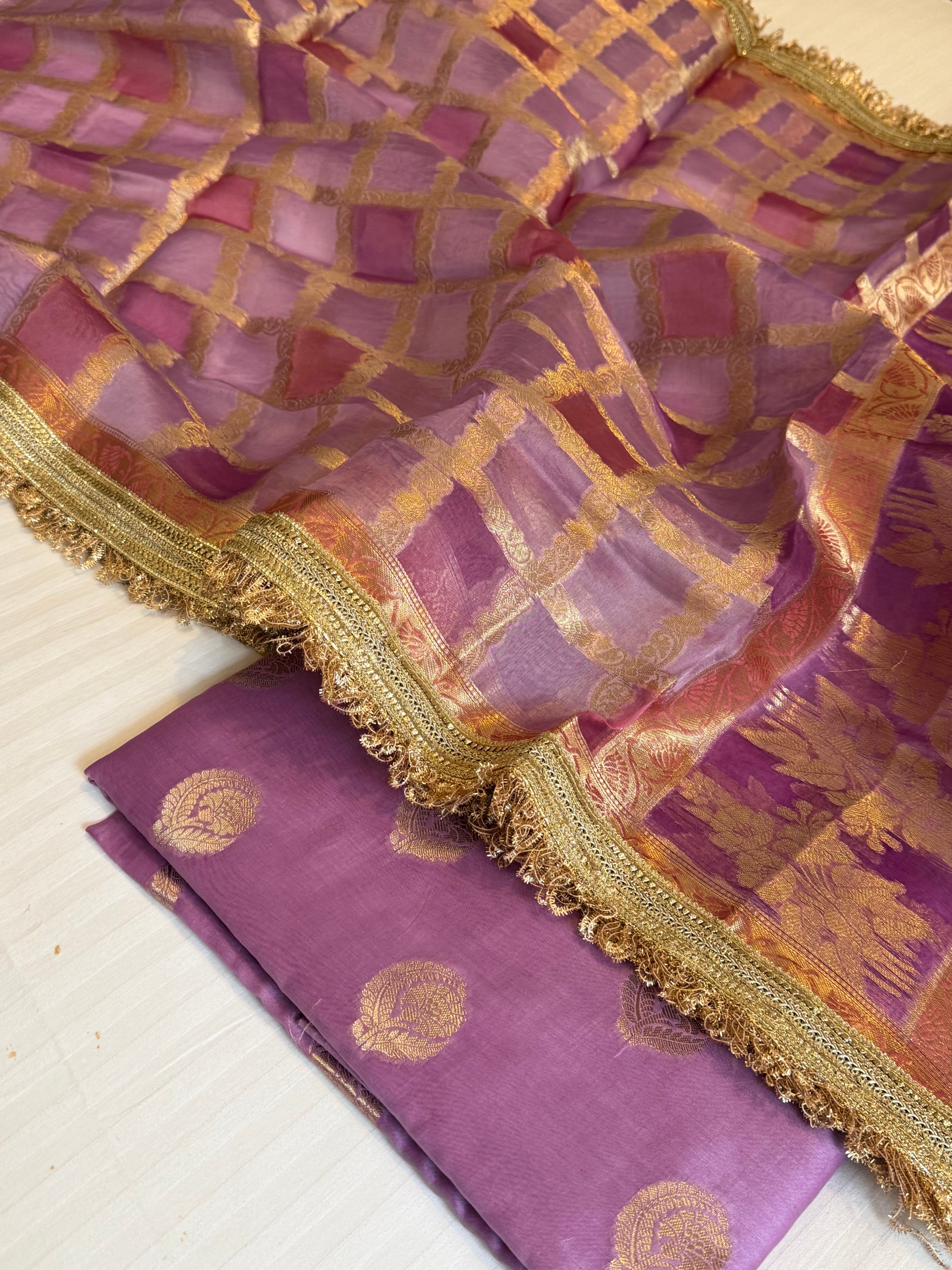 Shades of purple - Kora silk rangkaat kadhwa duppata paired with silk kurta set