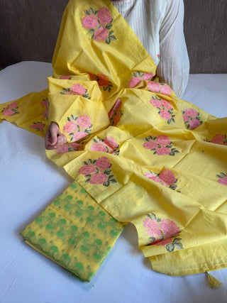 Golden yellow resham meenakari mul cotton kadhwa suit set