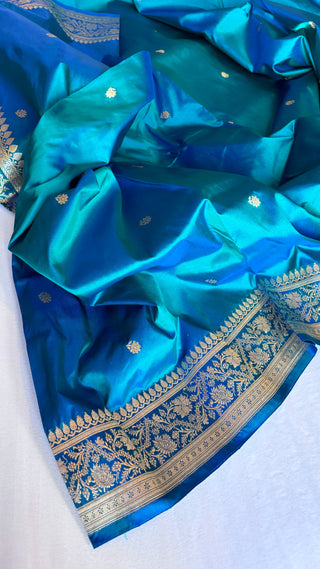 Banarasi royal ink blue dhup chao effect katan kadhwa silk suit set