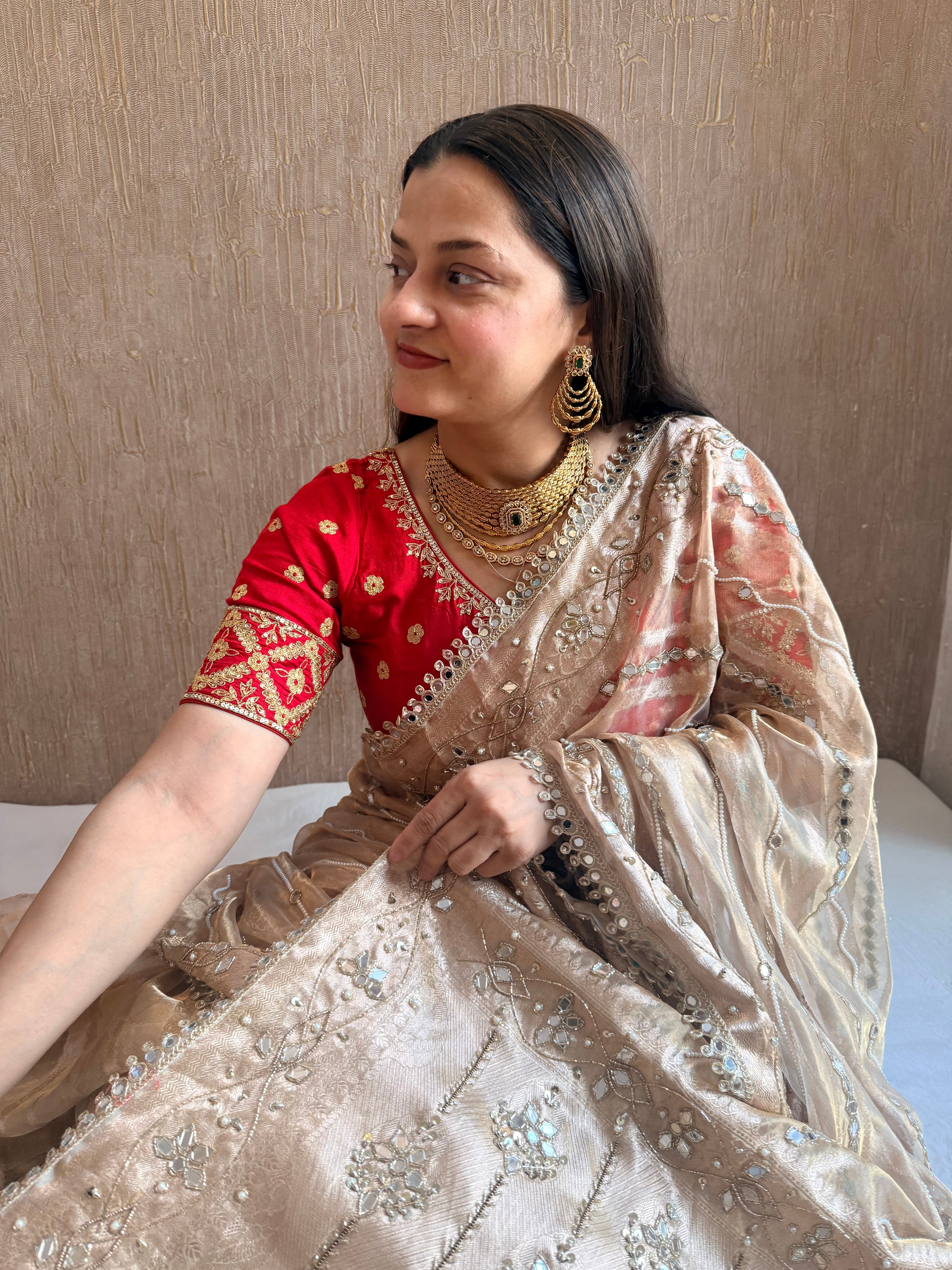 Butter gold tissue silk mirror work hand embroidered kadhwa saree