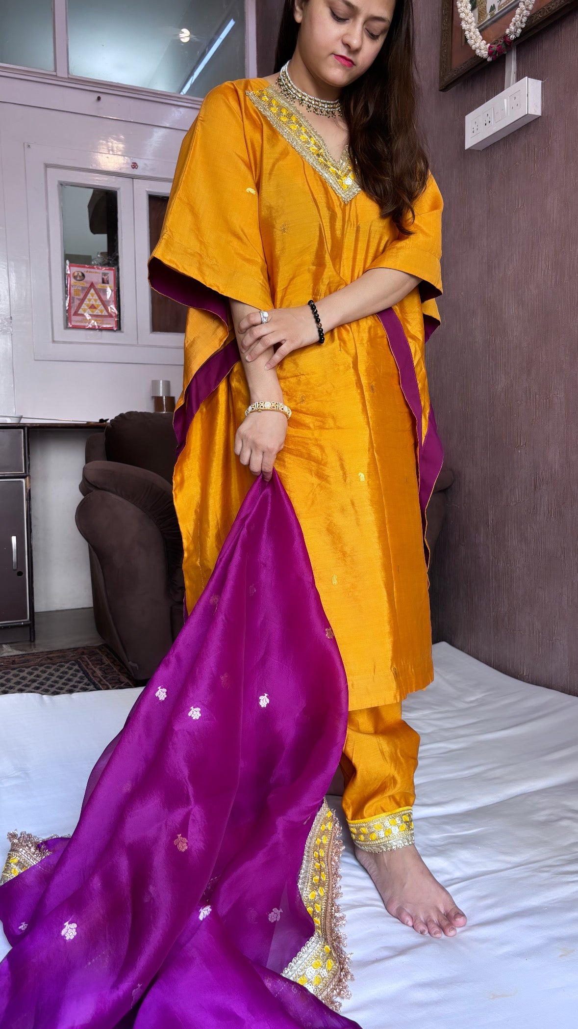 Haldi yellow-purple stitched hand embroidered kadhwa silk suit set from vyaah wala ghar edit