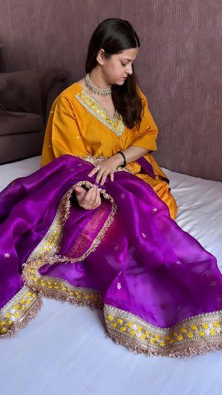 Haldi yellow-purple stitched hand embroidered kadhwa silk suit set from vyaah wala ghar edit