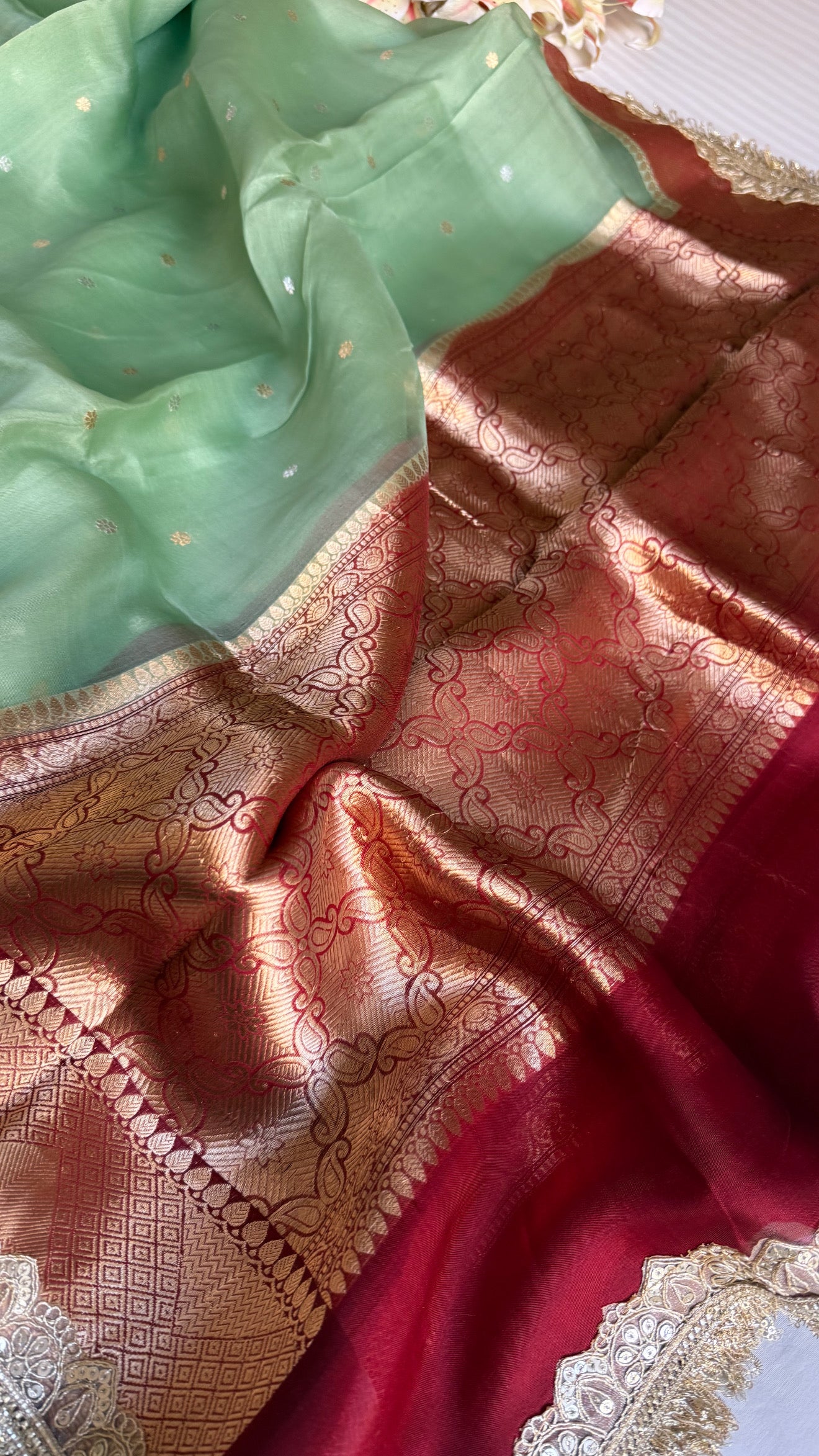 Mint green -Red combination chap dye kora silk banarasi saree