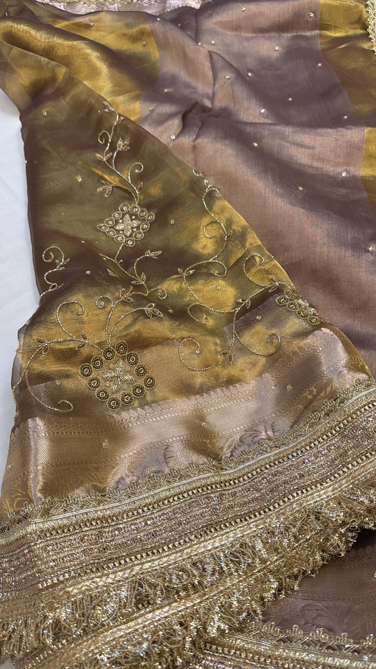 Dulhan wali saree - Olive gold tissue silk heavy hand embroidered saree