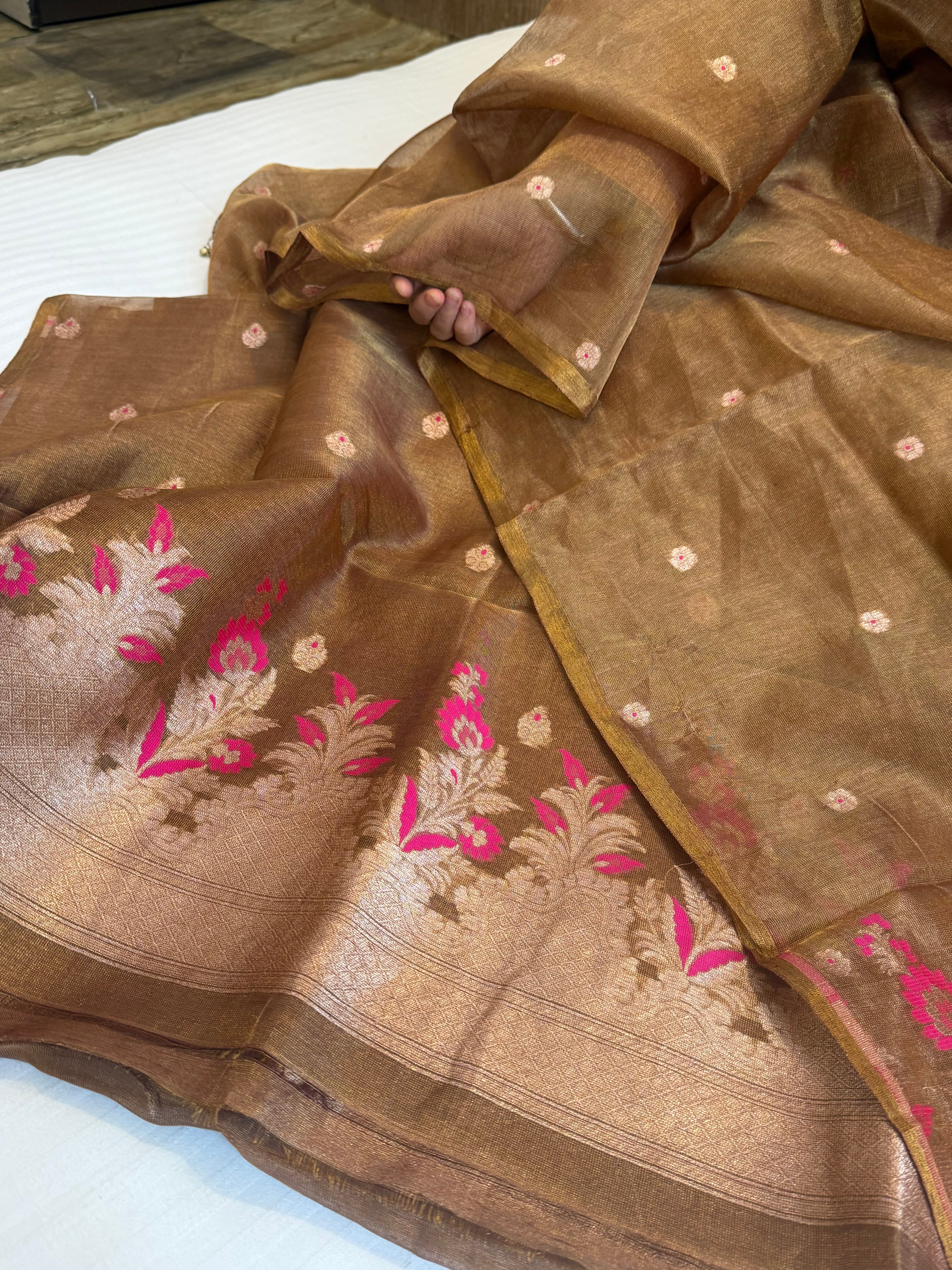 Linen tissue rose brown kadhwa meenakari buti suit sets