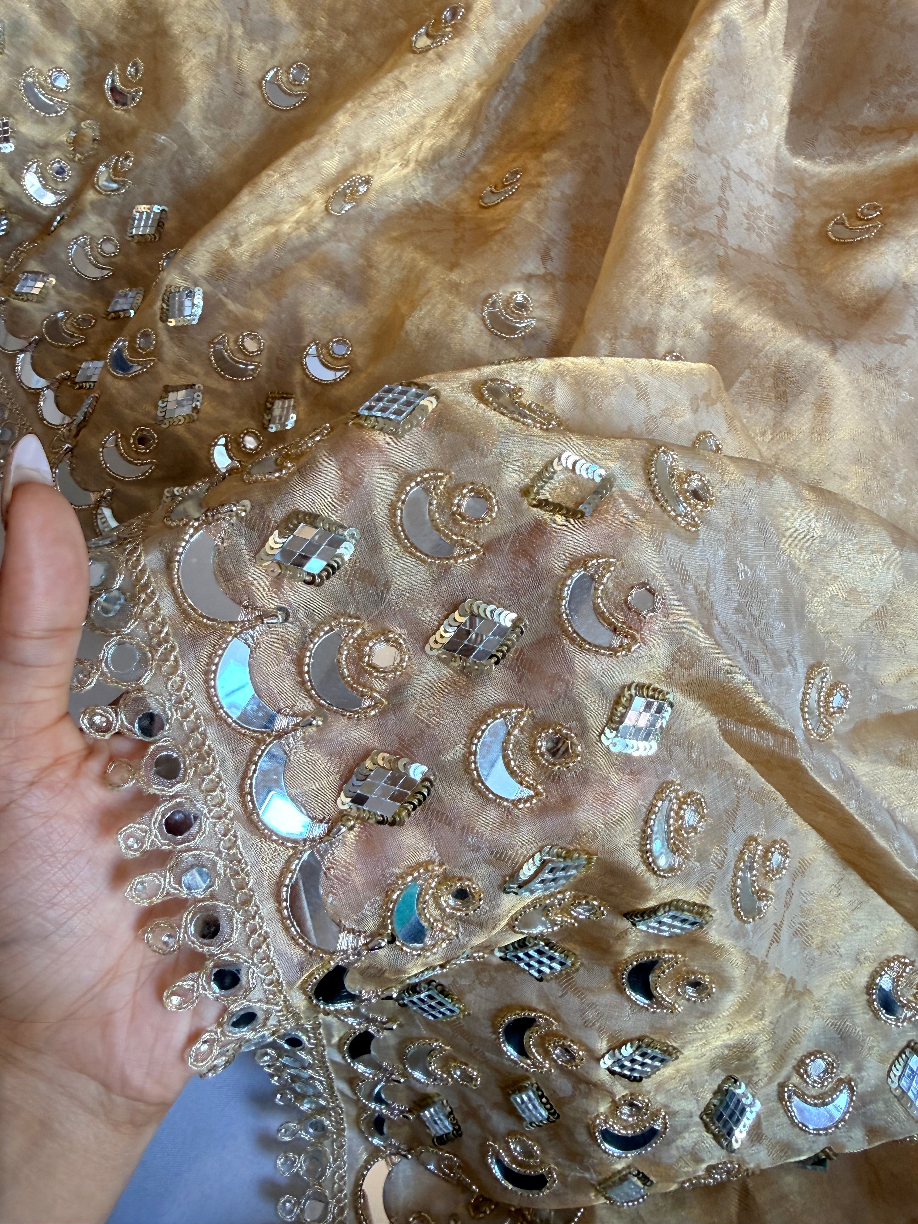 Butter gold tissue silk mirror work hand embroidered kadhwa saree