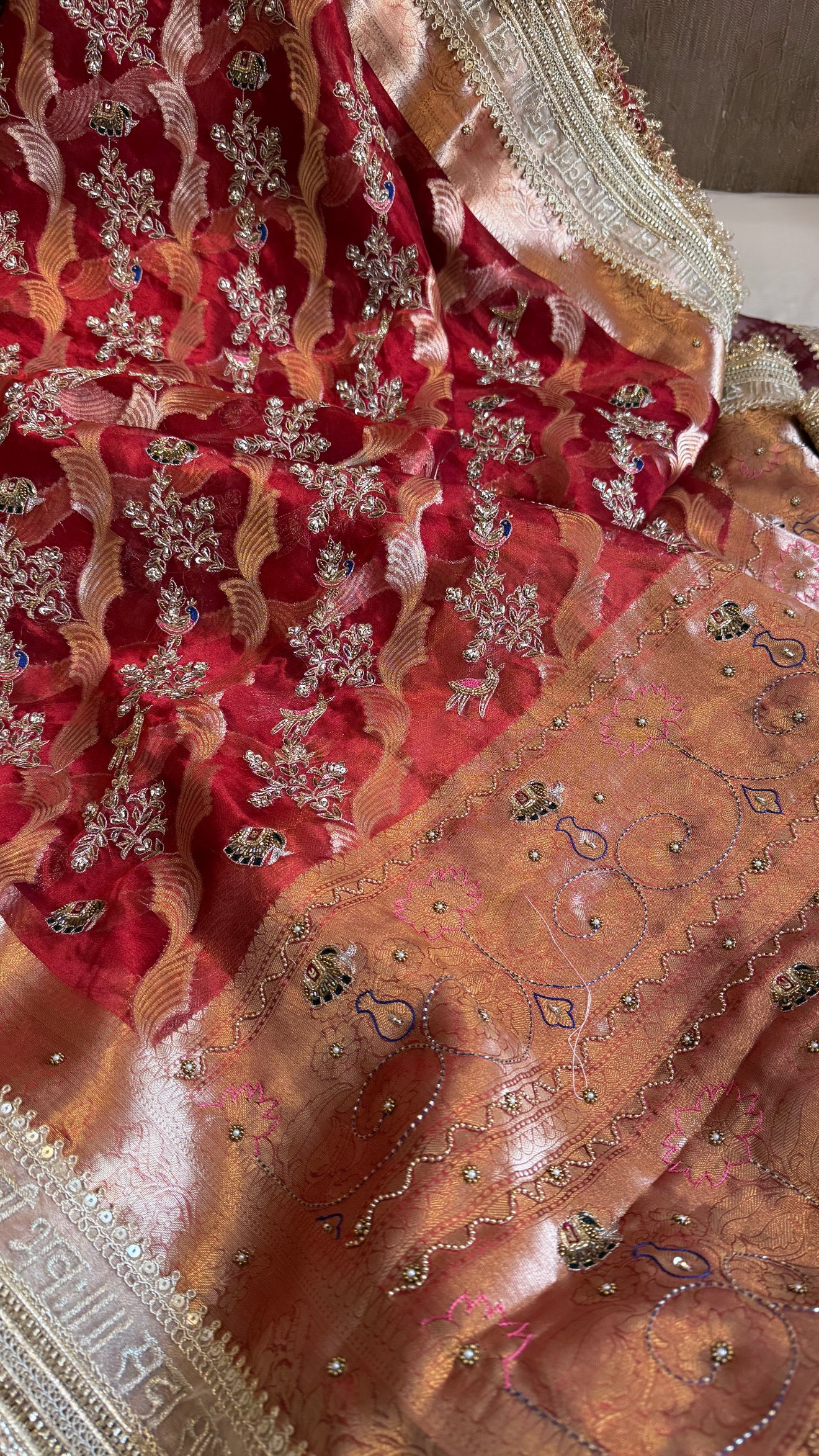 Nayi suhagan edit - Dhup chao blood red tissue silk zardozi and marodi work hand embroidered jaal work saree