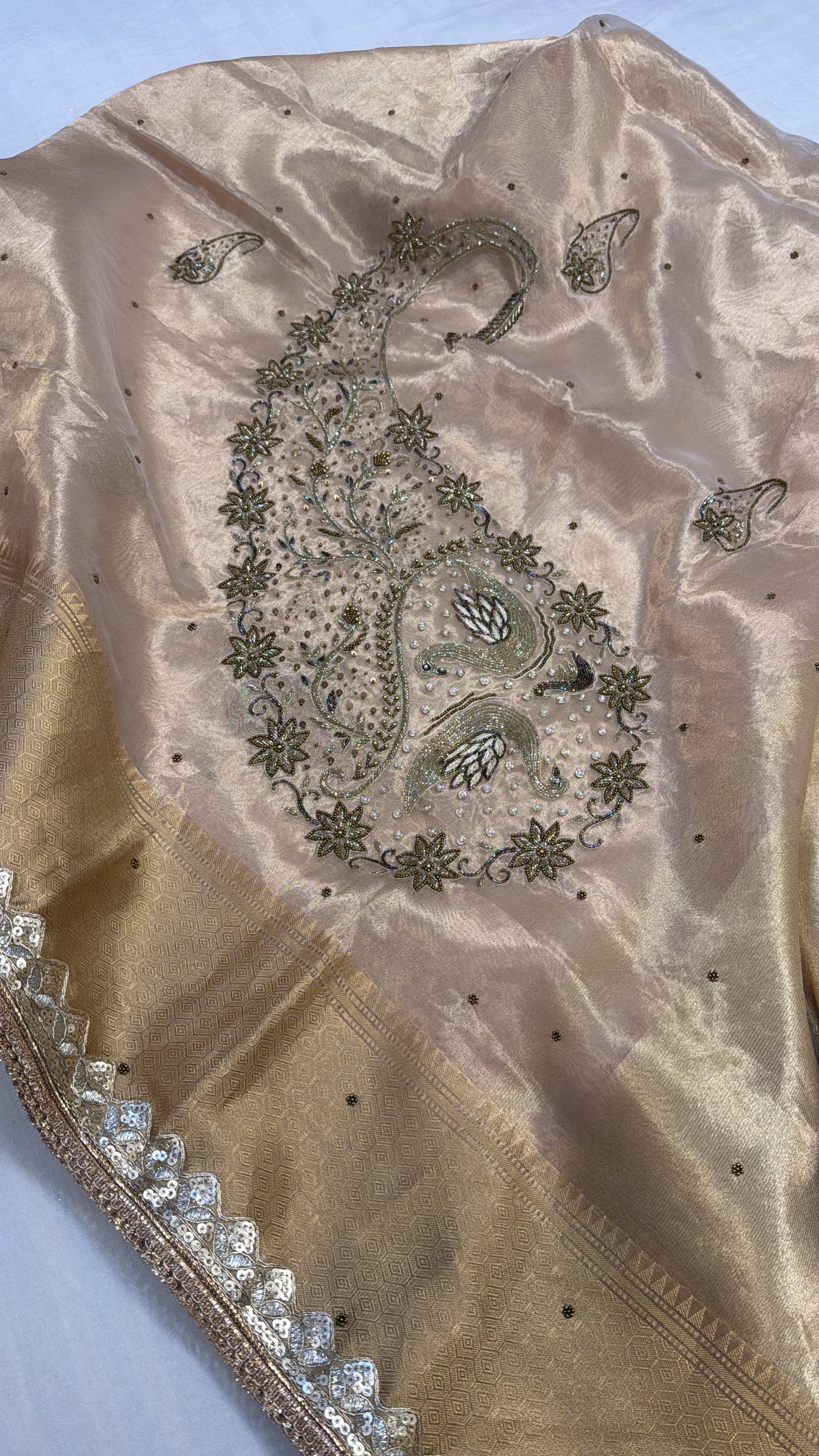 Golden husn tissue silk hand embroidered kadhwa saree
