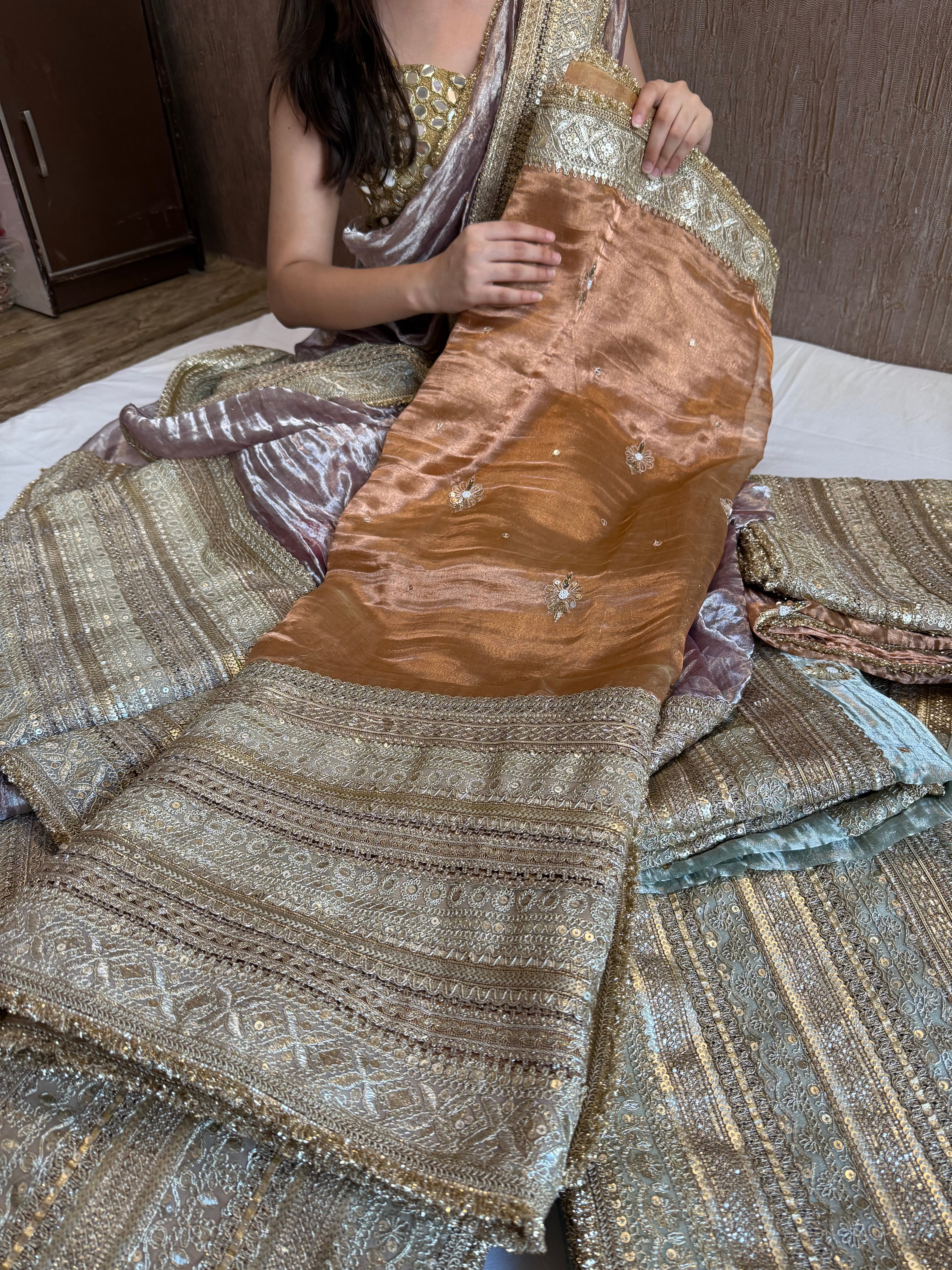 Lehenga style saree edit- Mud brown diamond tissue silk tilli work heavy gotapatti skirt border saree