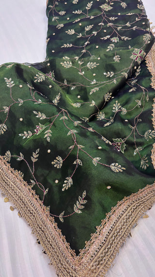 Husn mehendi green tissue silk jungla hand embroidered saree