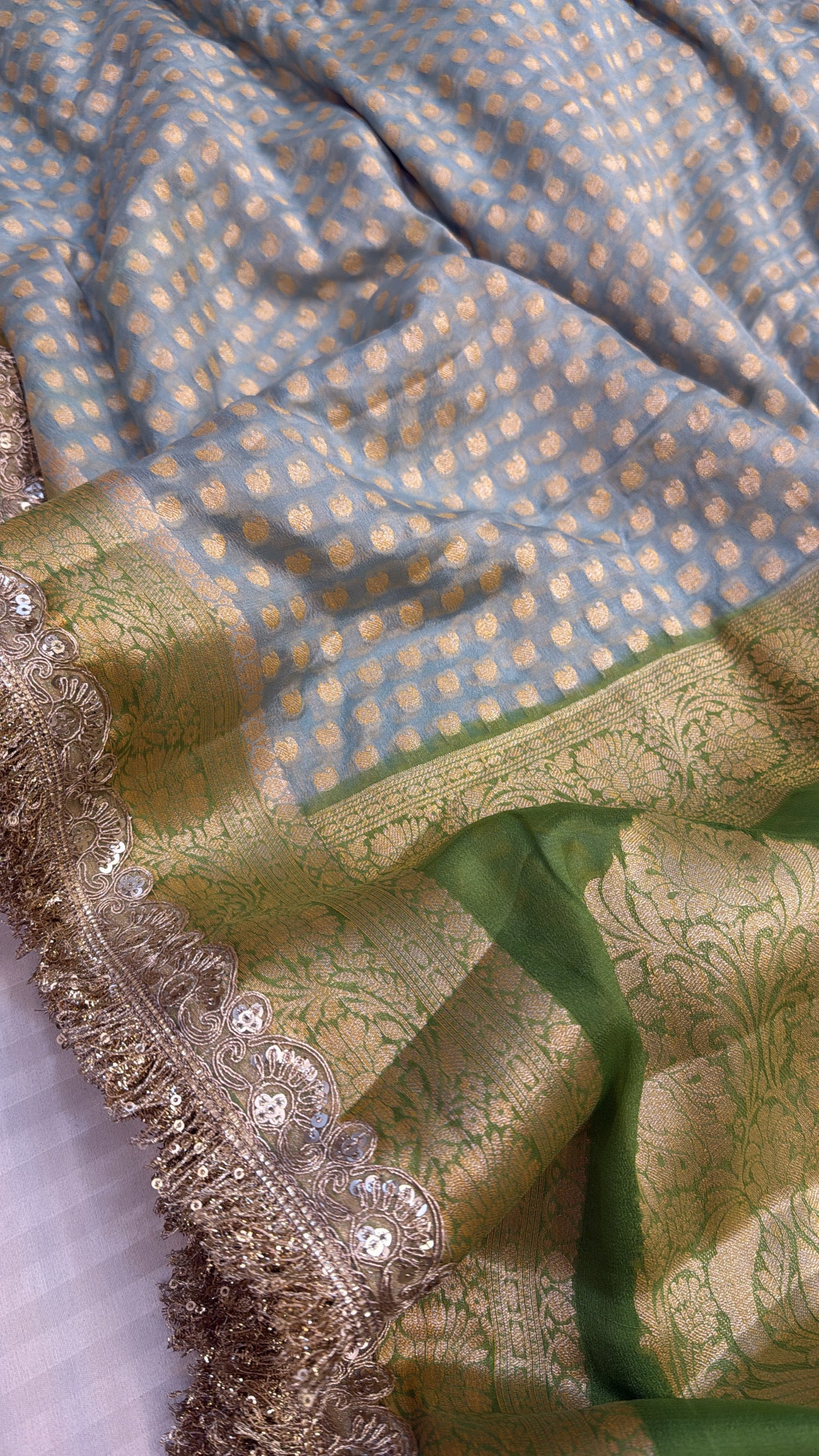 Banarasi chiffon gorgette chap dye contrast border kadhwa saree