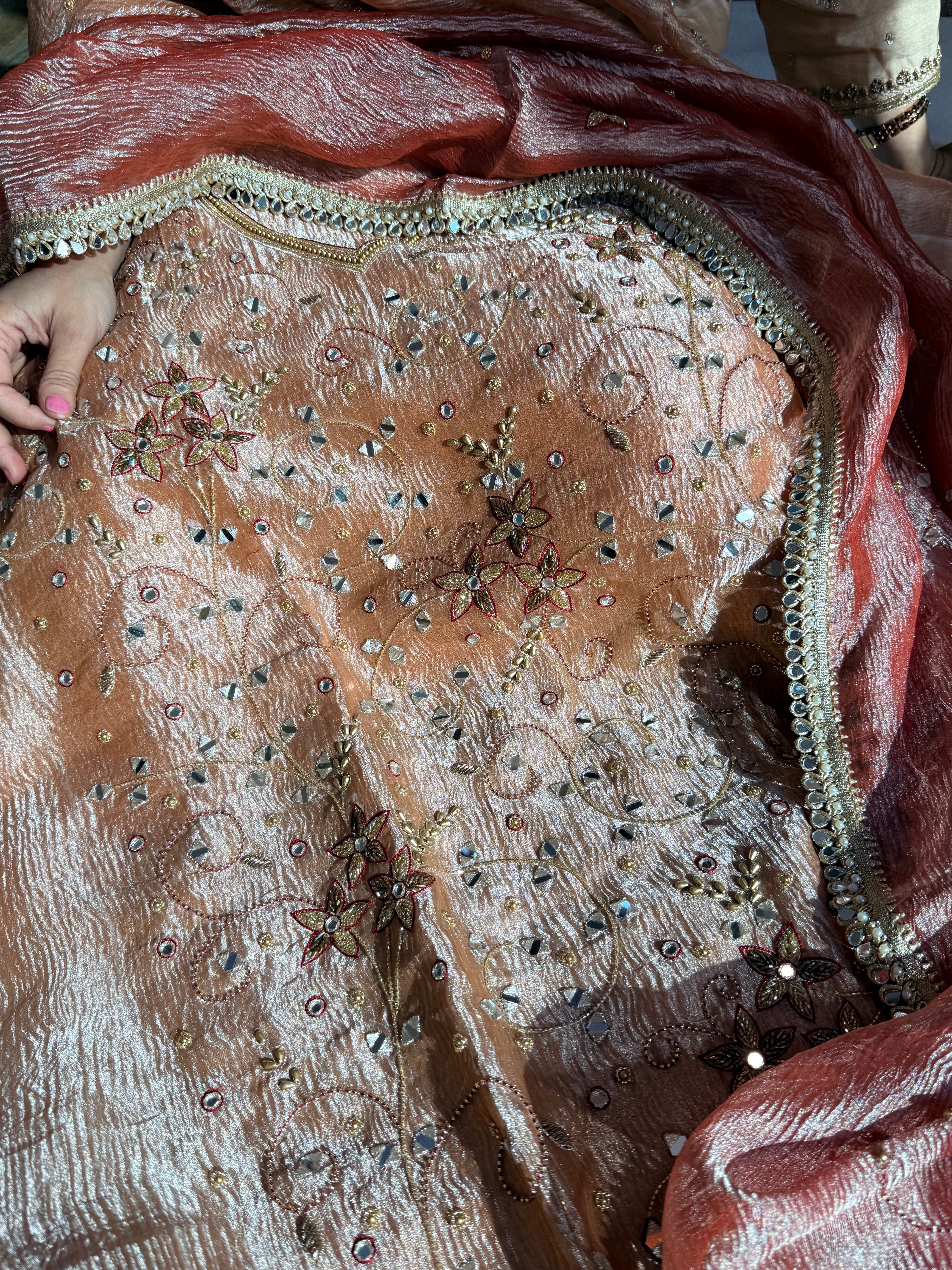 Banarasi tissue silk mirrorwork hand embroidered crushed suit sets