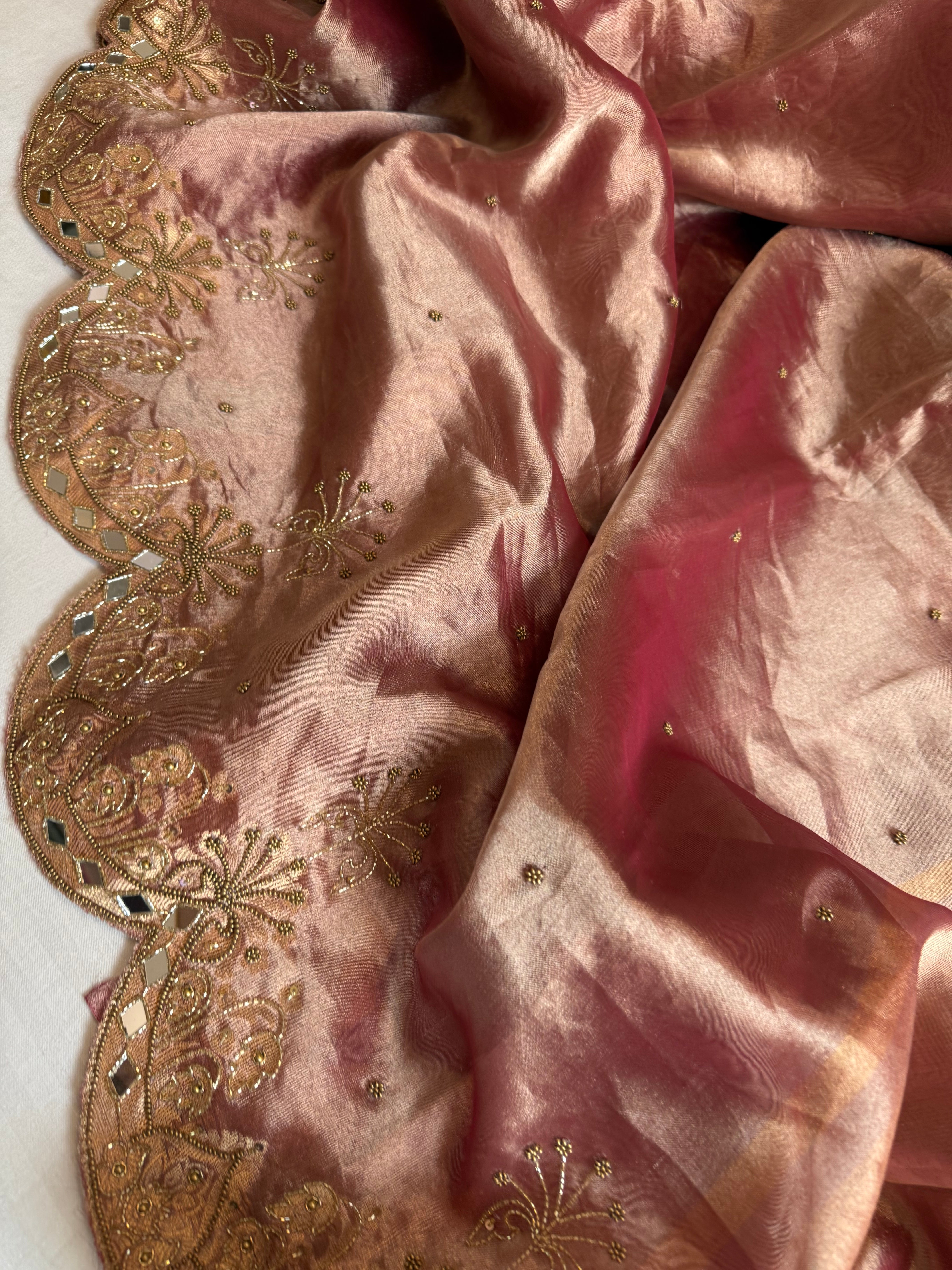 Husn cherry pink tissue silk heavy hand embroidered kadhwa saree