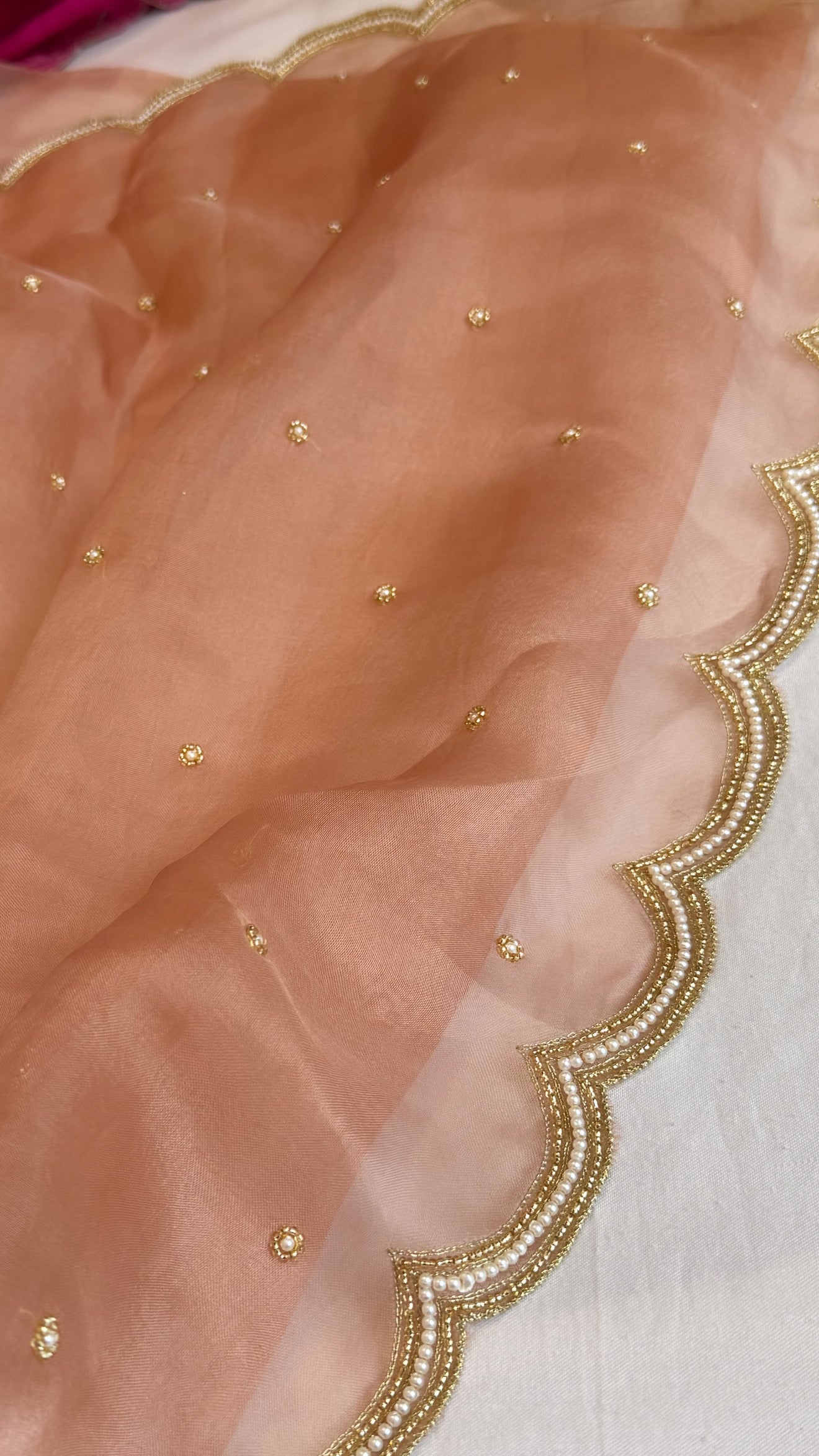 Rose gold kora silk zardozi work hand embroidered saree