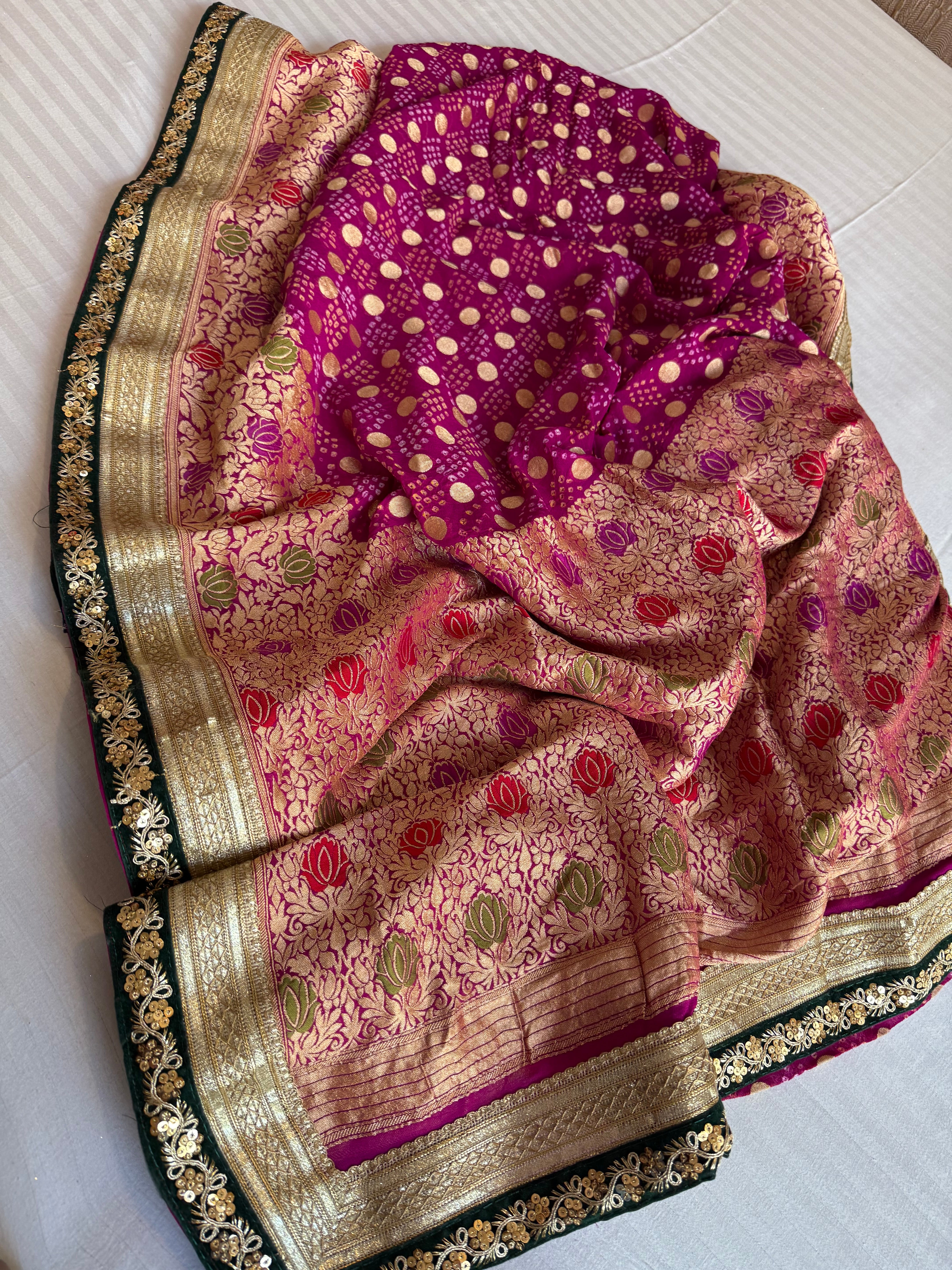 Magenta purple banarasi bandhej gorgette kadhwa meenakari saree