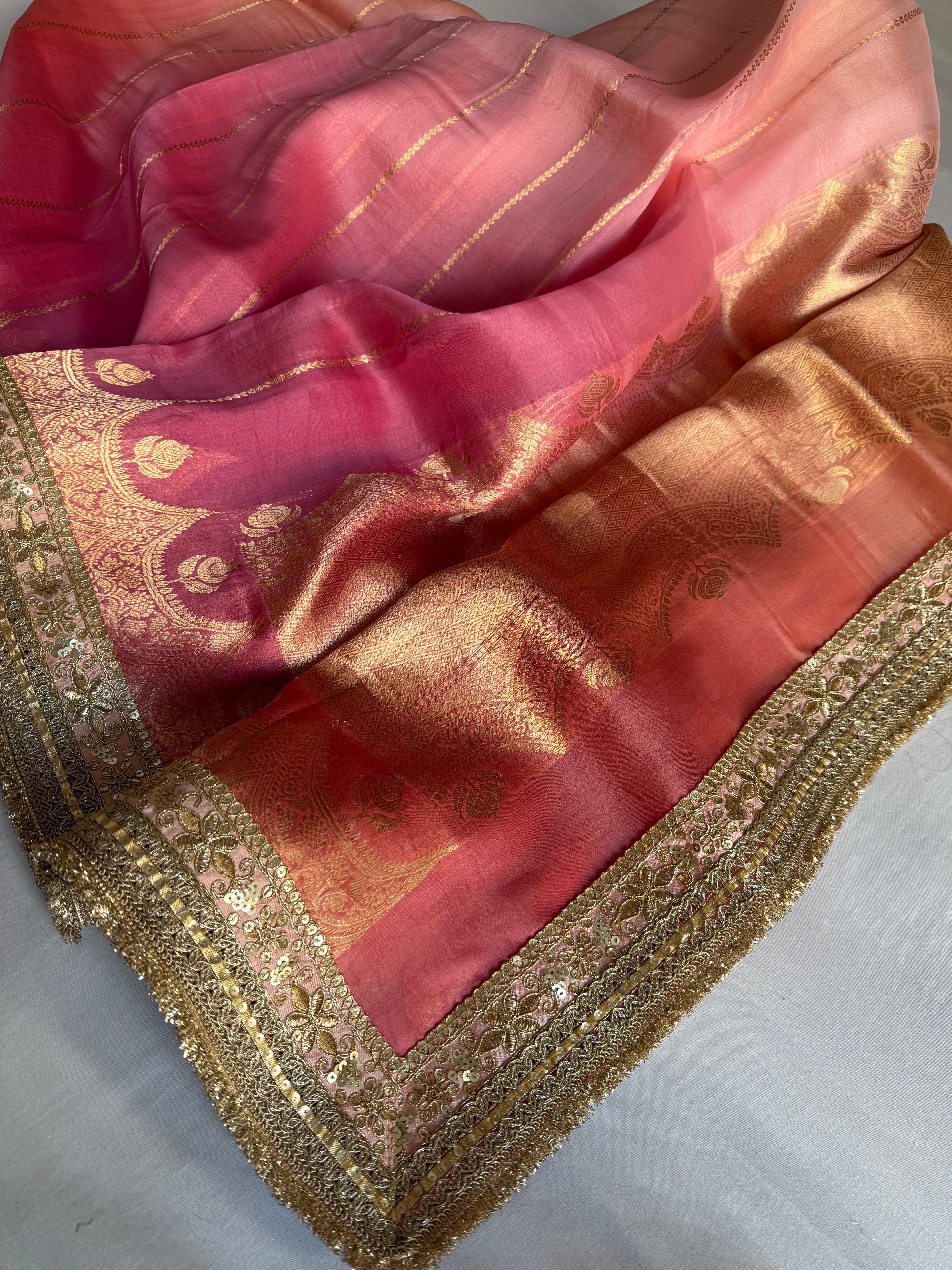 Rang-birangi banarasi kora silk multicoloured shaded kadhwa saree