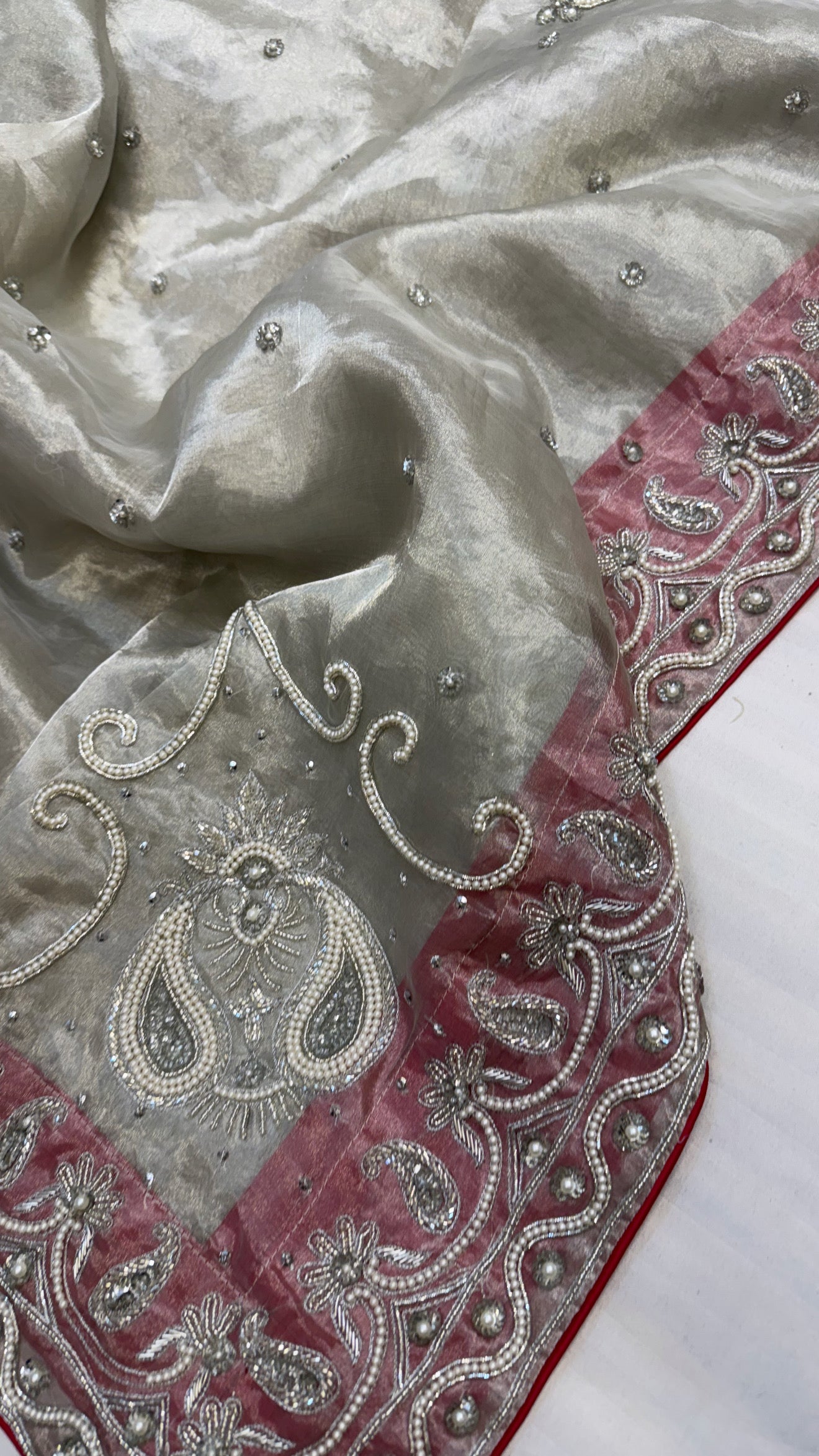 Gulab ki pankhuri husn tissue silk heavy hand embroidered zardozi border saree