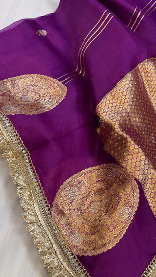 Magenta purple sitara kora silk stonework saree