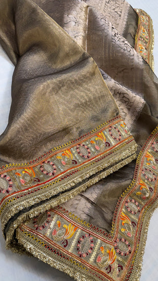 Mouse grey maharani tissue silk meenakari border saree