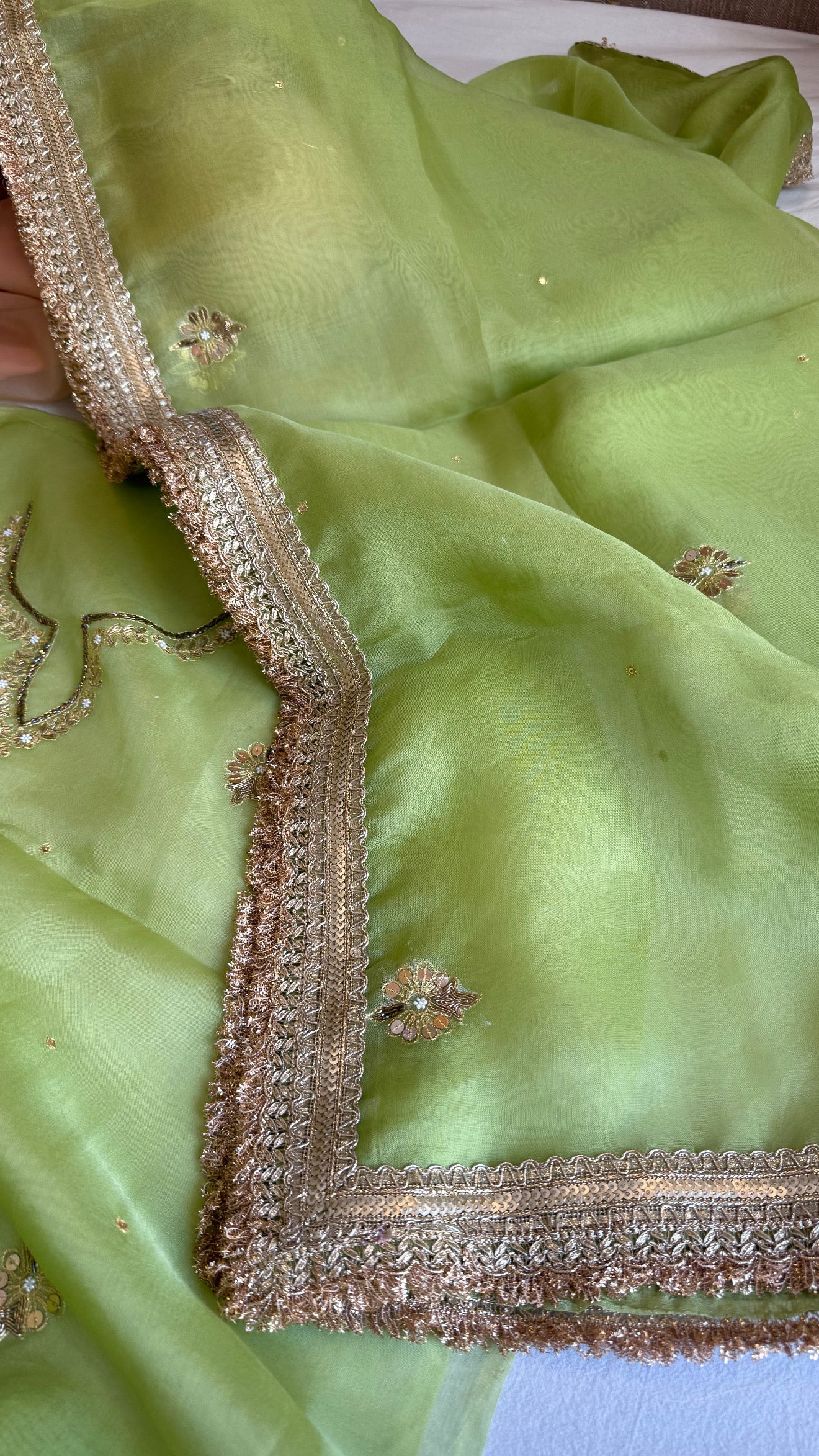 Aari and tilli kora silk hand embroidered grass green kadhwa suit set