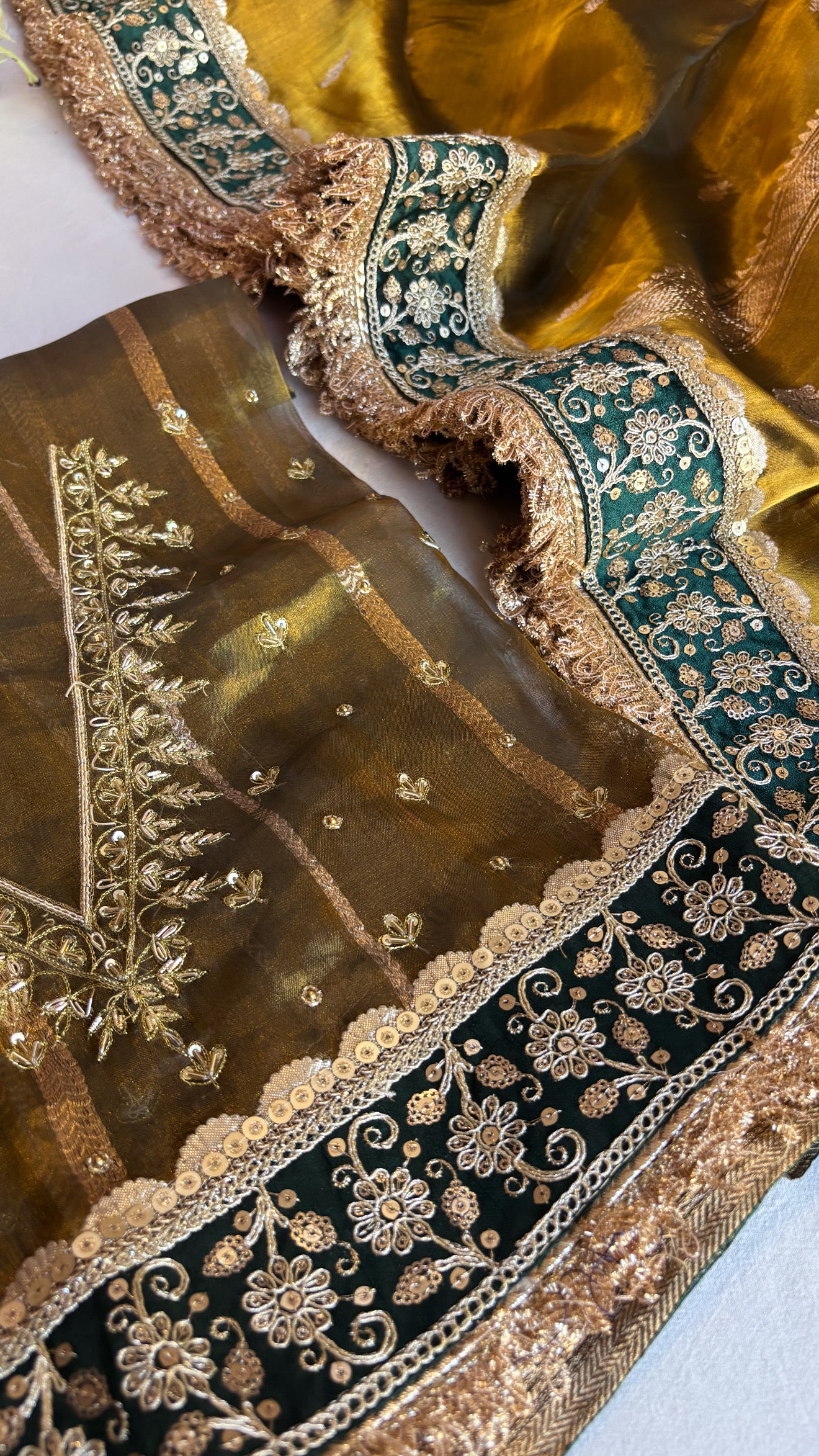 Mehfil kanjivaram green tissue silk heavy hand embroidered saree