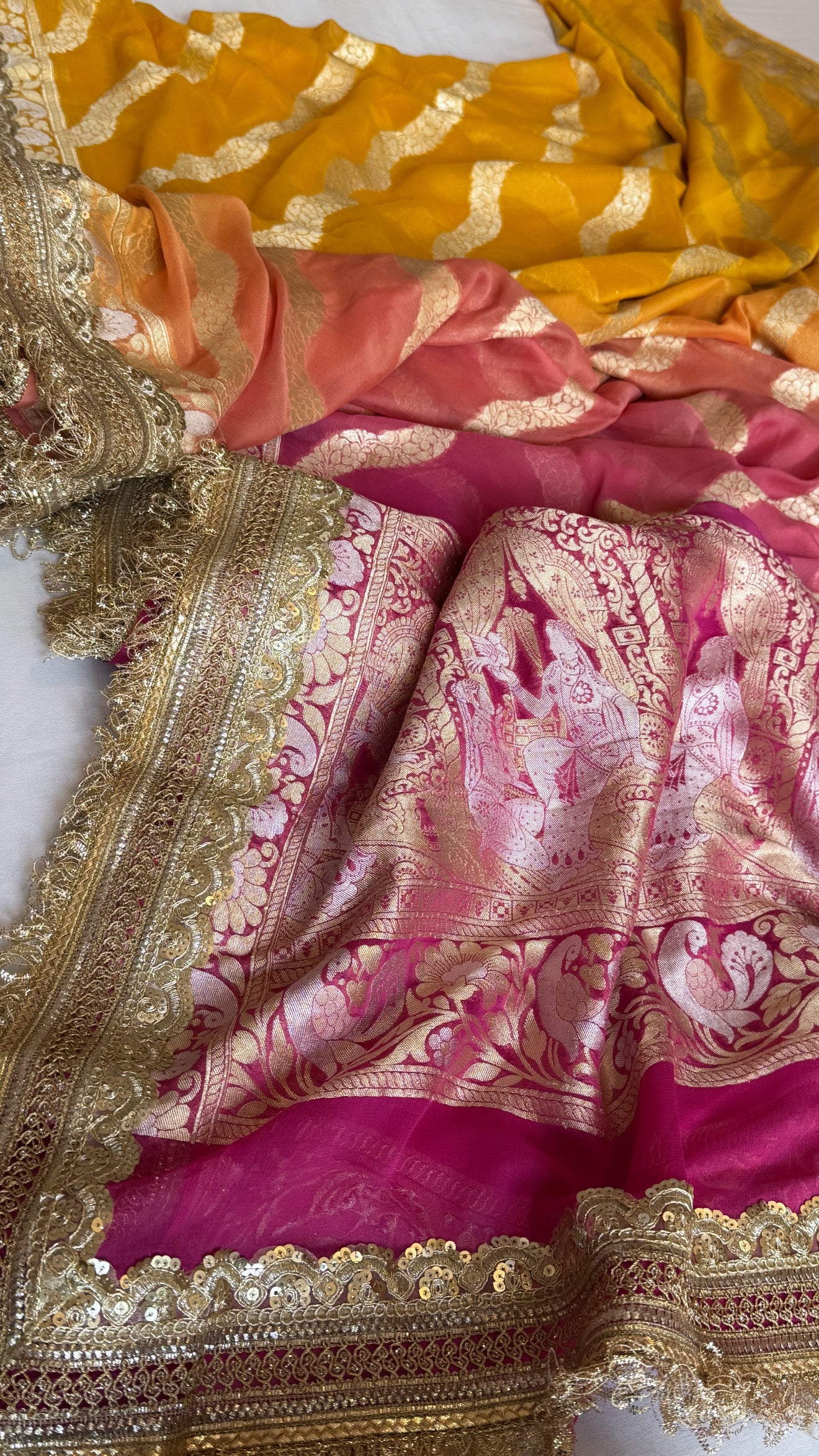 Gayatri devi inspired banarasi chiffon gorgette kadhwa shaded jungla saree