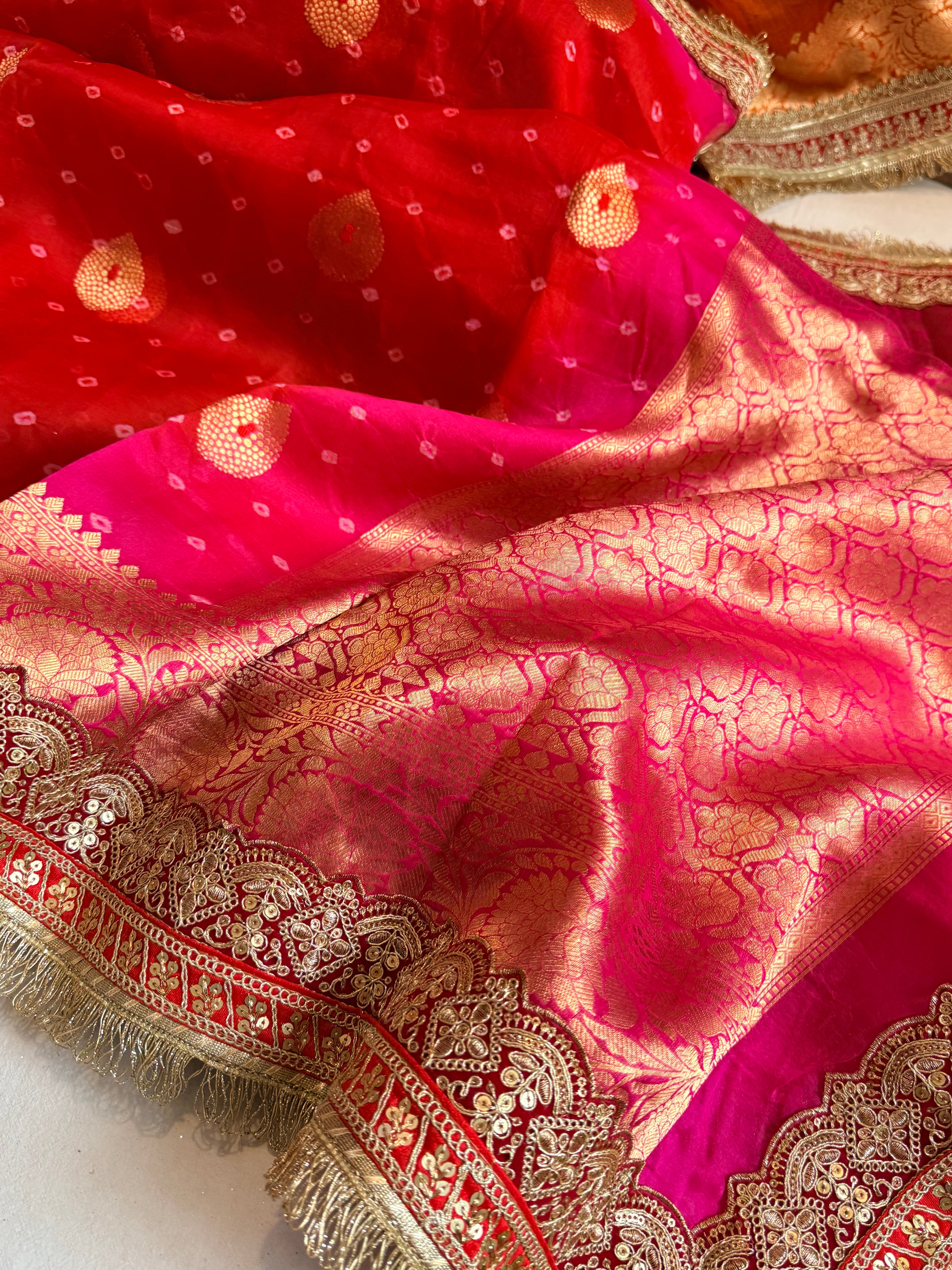 Mayra wali saree - Kora silk bandhej work meenakari gotapatti saree