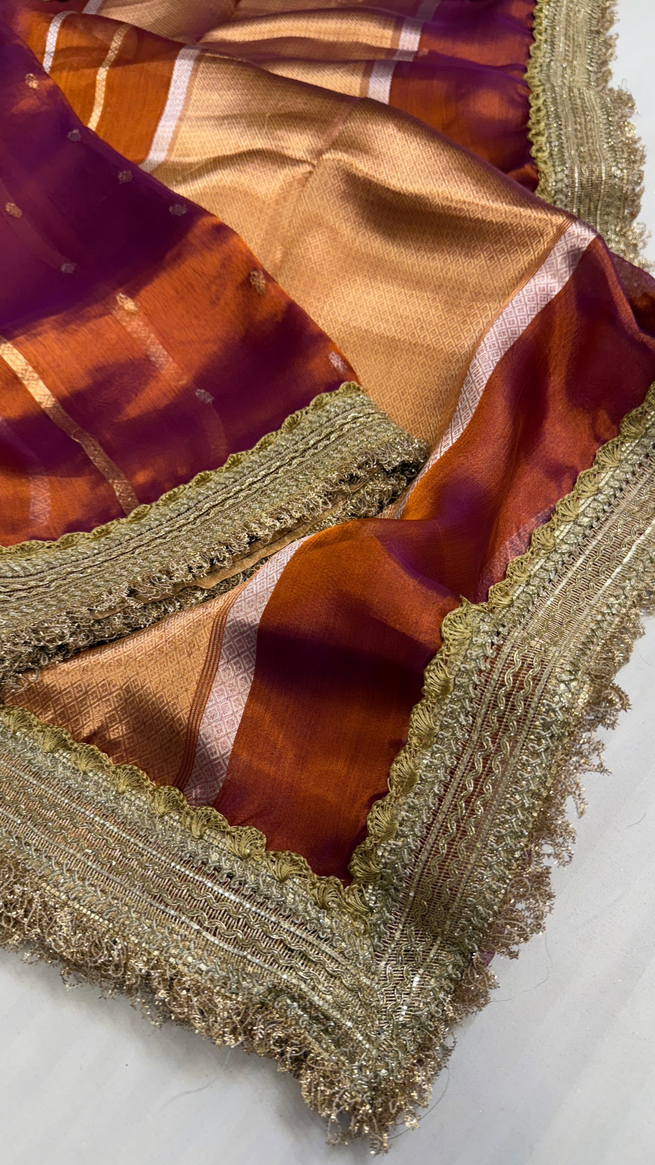 Maharani copperish deep purple tissue silk kadhwa saree