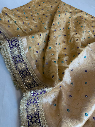 Sheesham edit - Heavy double tissue silk mirror work hand embroidered saree