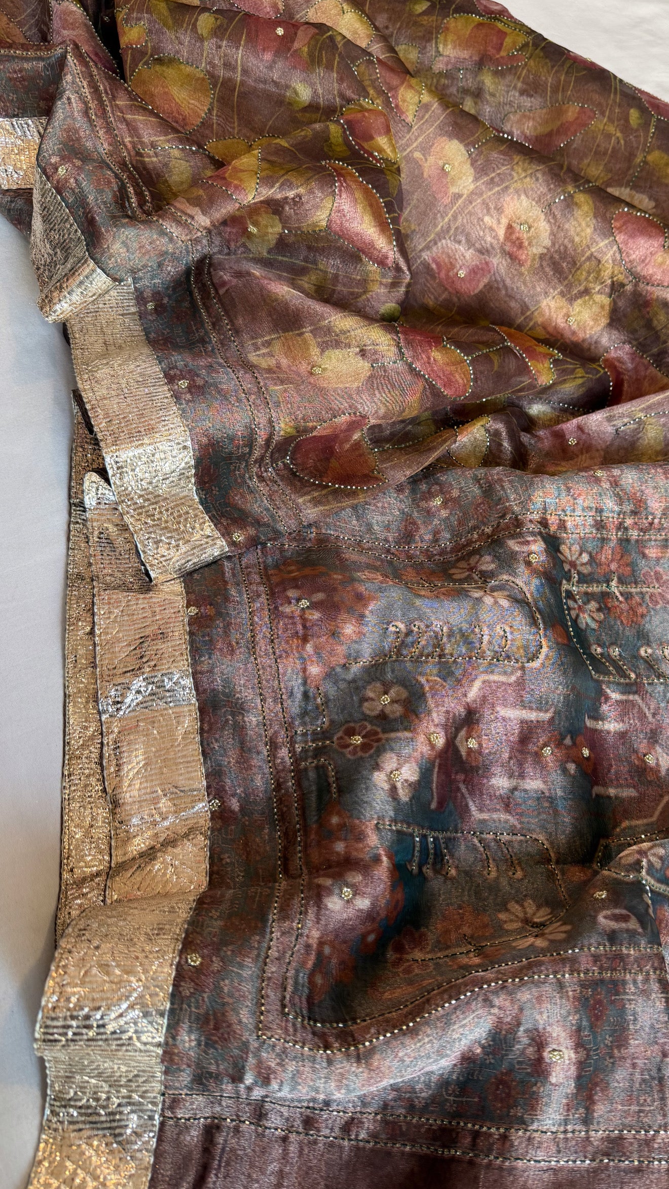 Printed tissue silk hand embroidered gotapatti kadhwa sarees