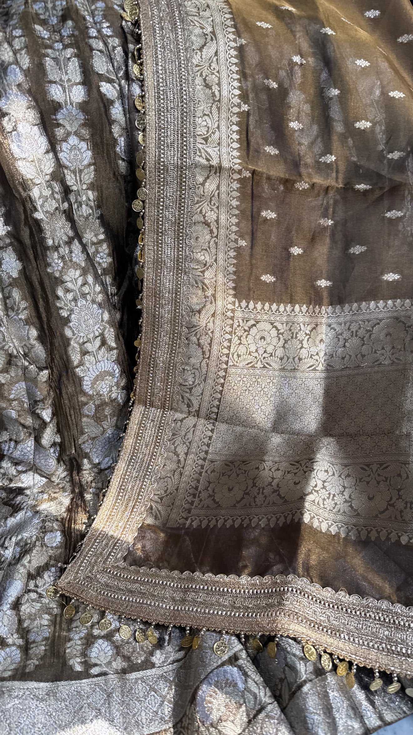 Antique gold tissue silk kali wala lehenga set