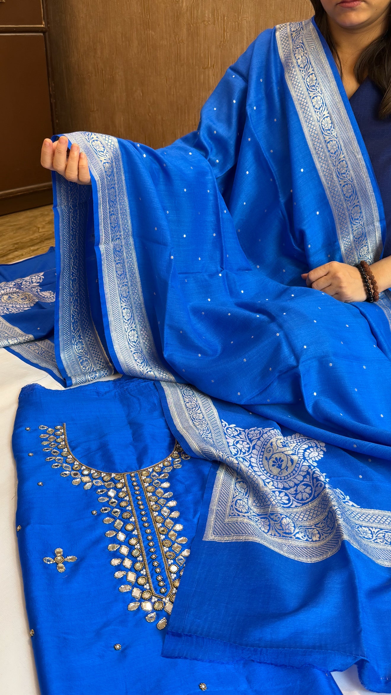 Sheesham ink blue mirror work hand embroidered katan silk suit set