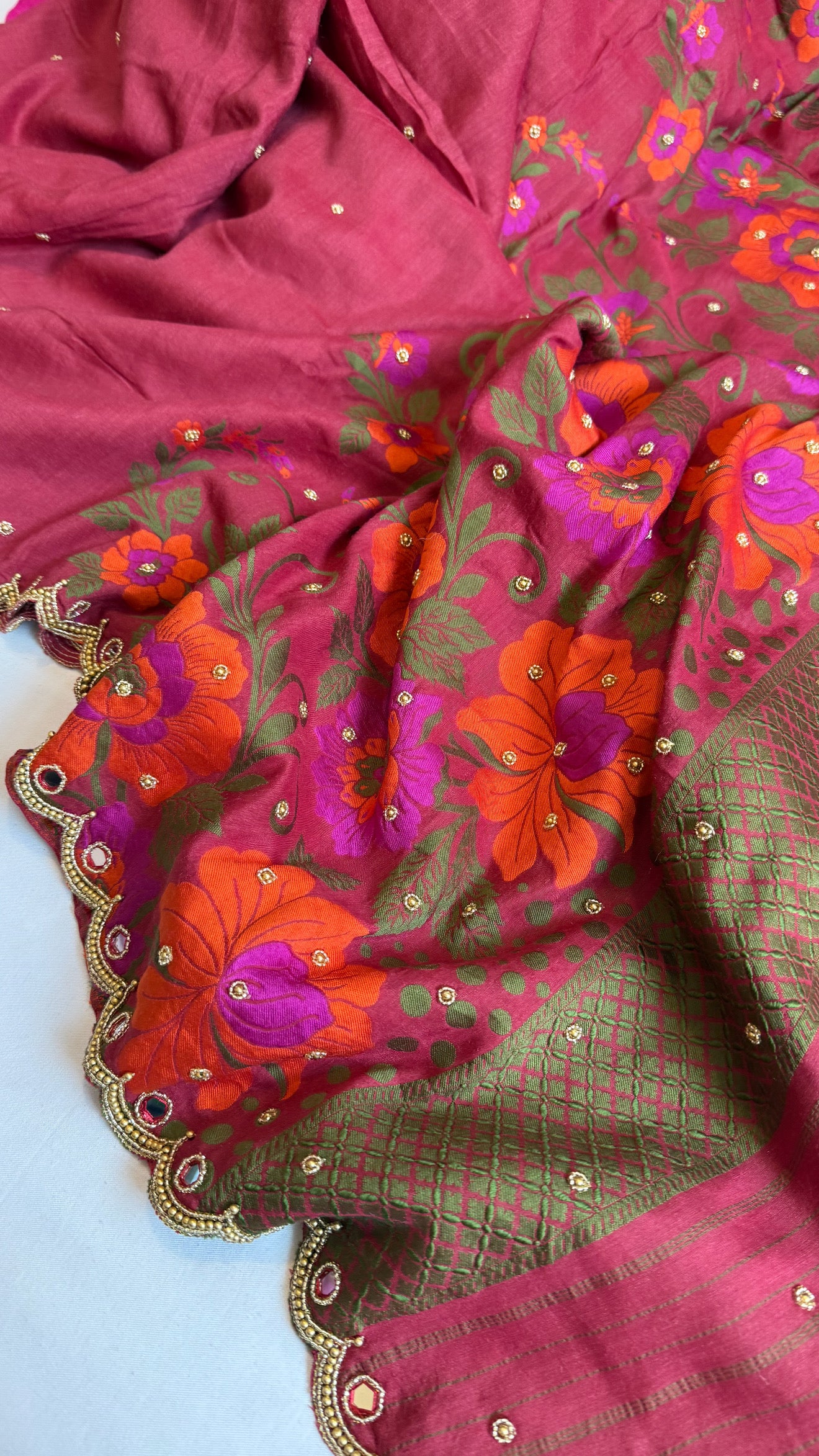 Moonga silk brick gajri pink resham work hand embroidered kadhwa saree