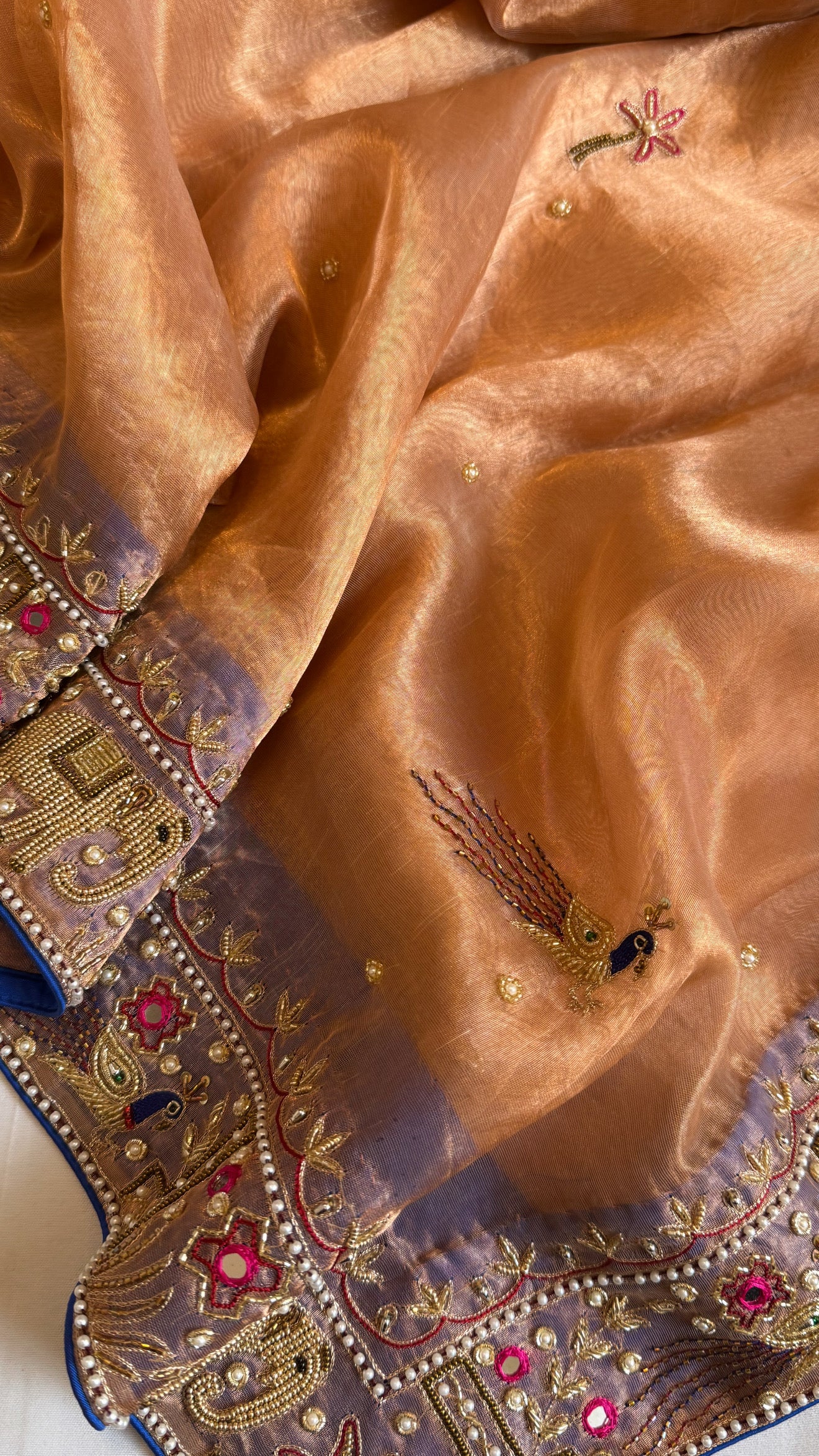 Sheeshmahal shikargah edit - Rose gold tissue silk hand embroidered elephant motif border kadhwa saree