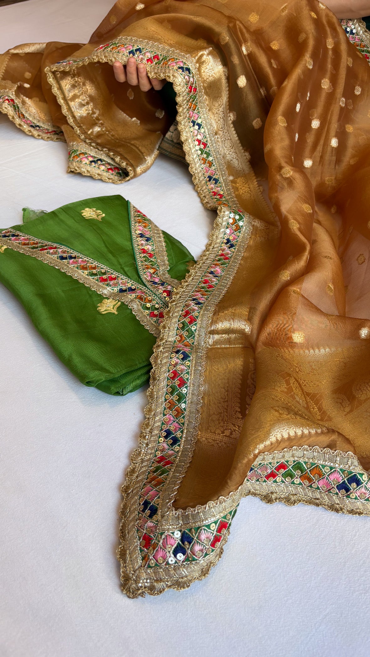 Banarasi green-brown kora silk combination gotapatti suit sets