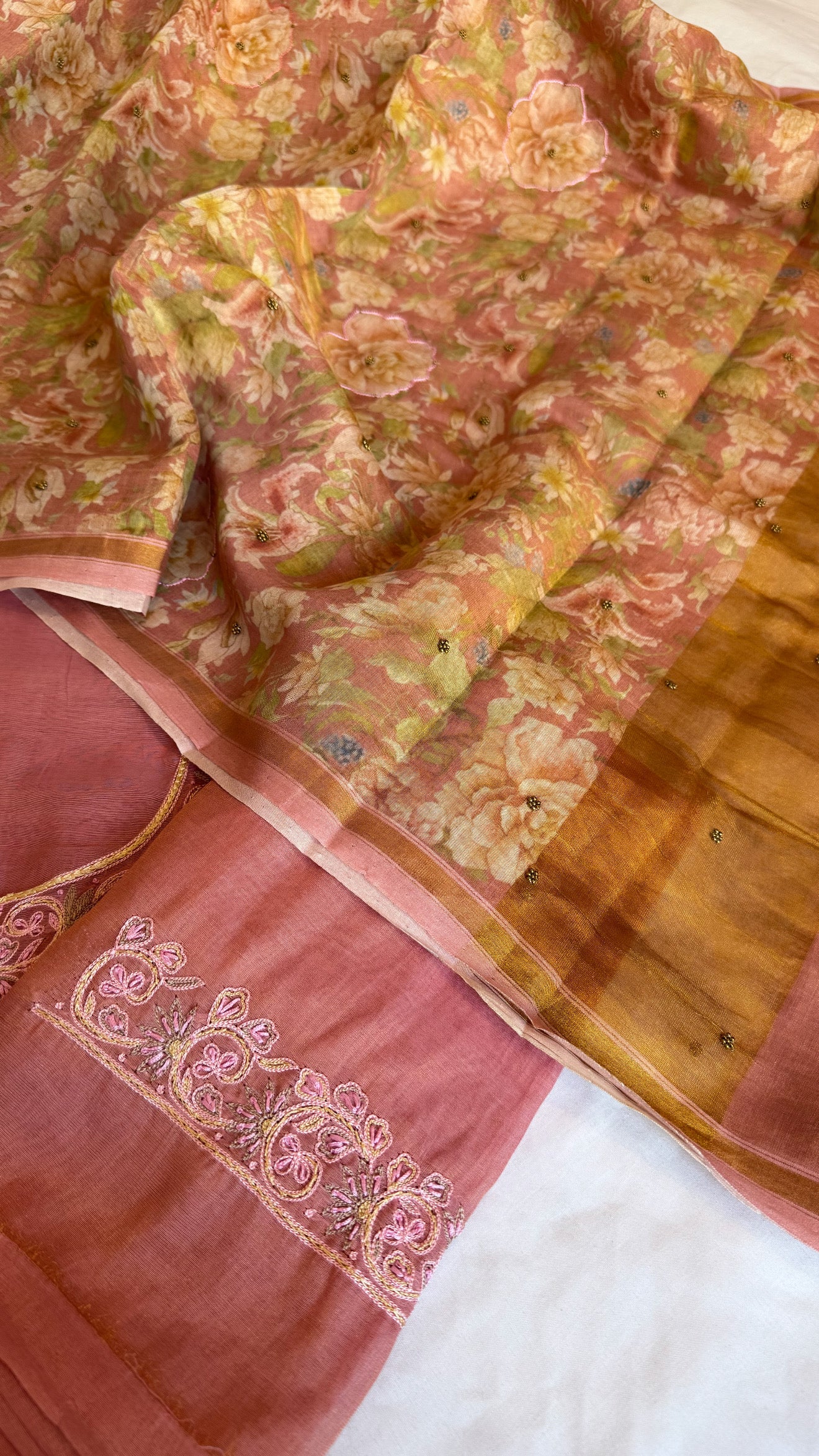 Dark peach resham hand embroidered mul cotton suit set