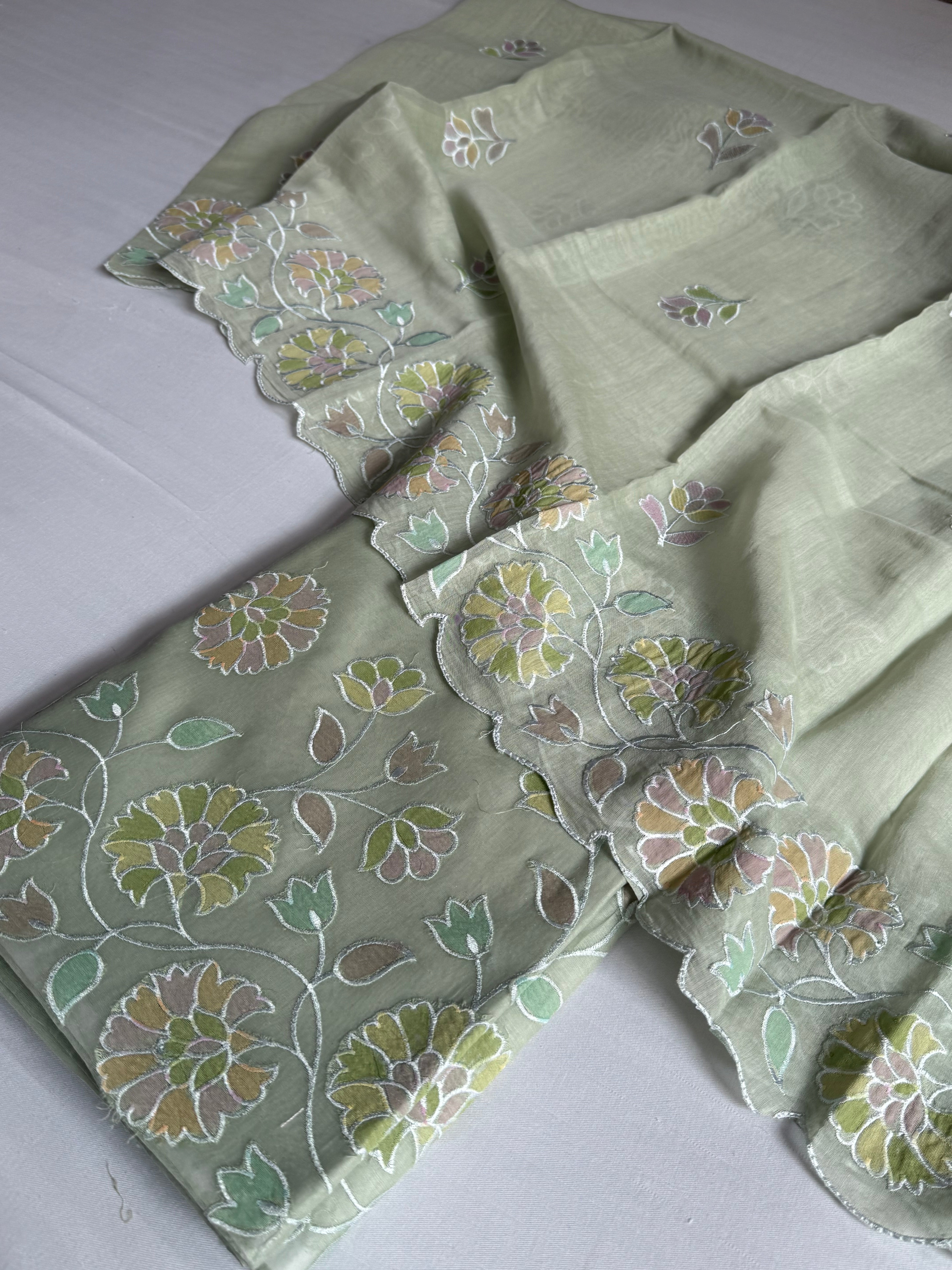 Sage green mul banarasi cotton brush dyed appliqué work suit set