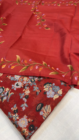 Blood red mul banarasi cotton kadhwa meenakari suit set