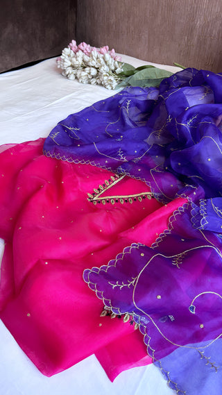 Husn hot pink-purple kora silk hand embroidered suit set