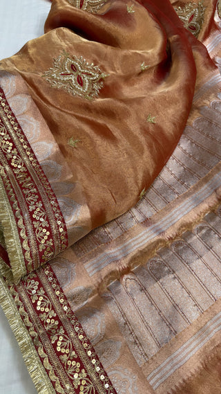 Cocktail edit sarees - Red tissue silk heavy hand embroidered saree