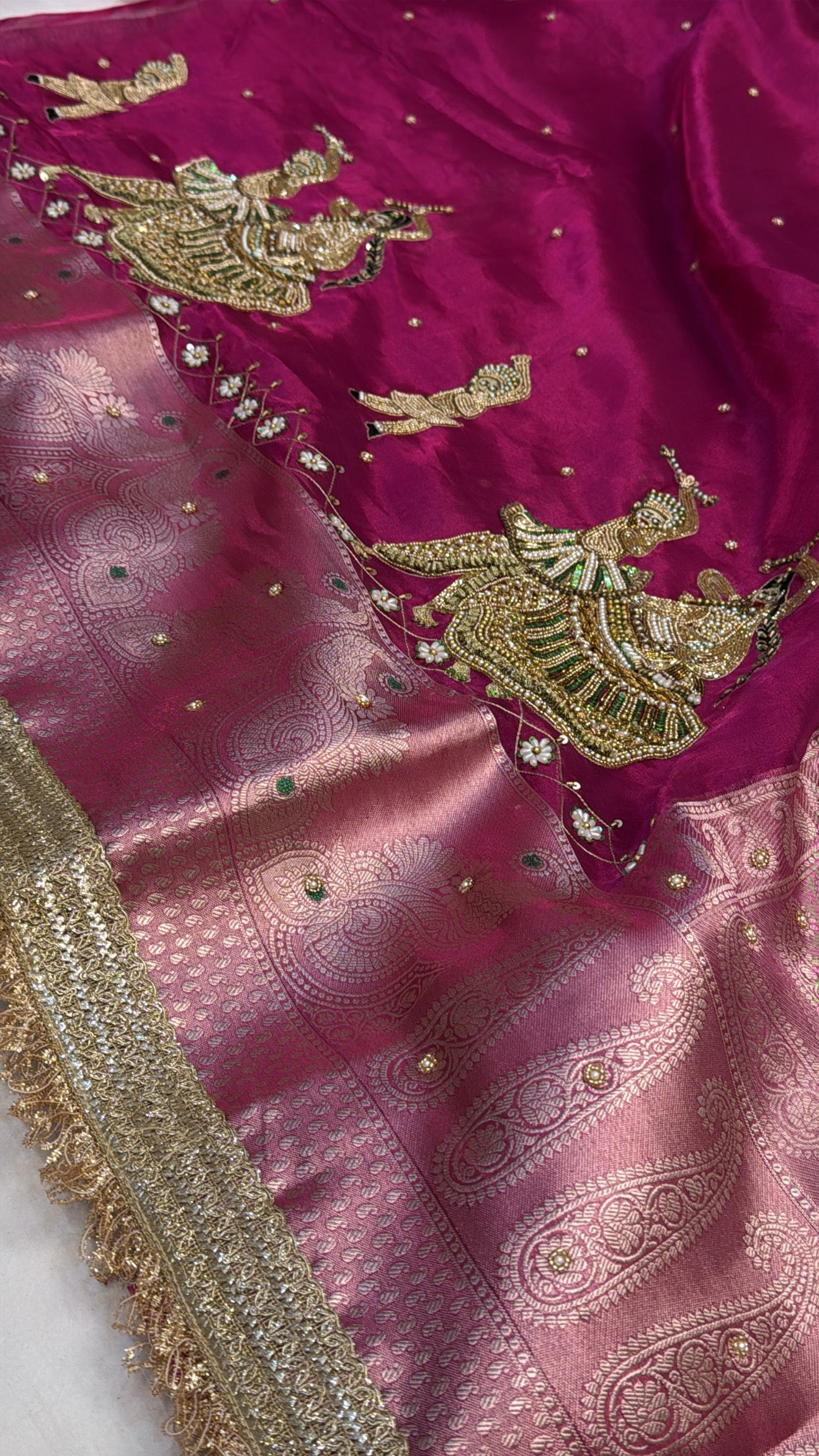 Hot pink husn tissue silk hand embroidered kadhwa saree