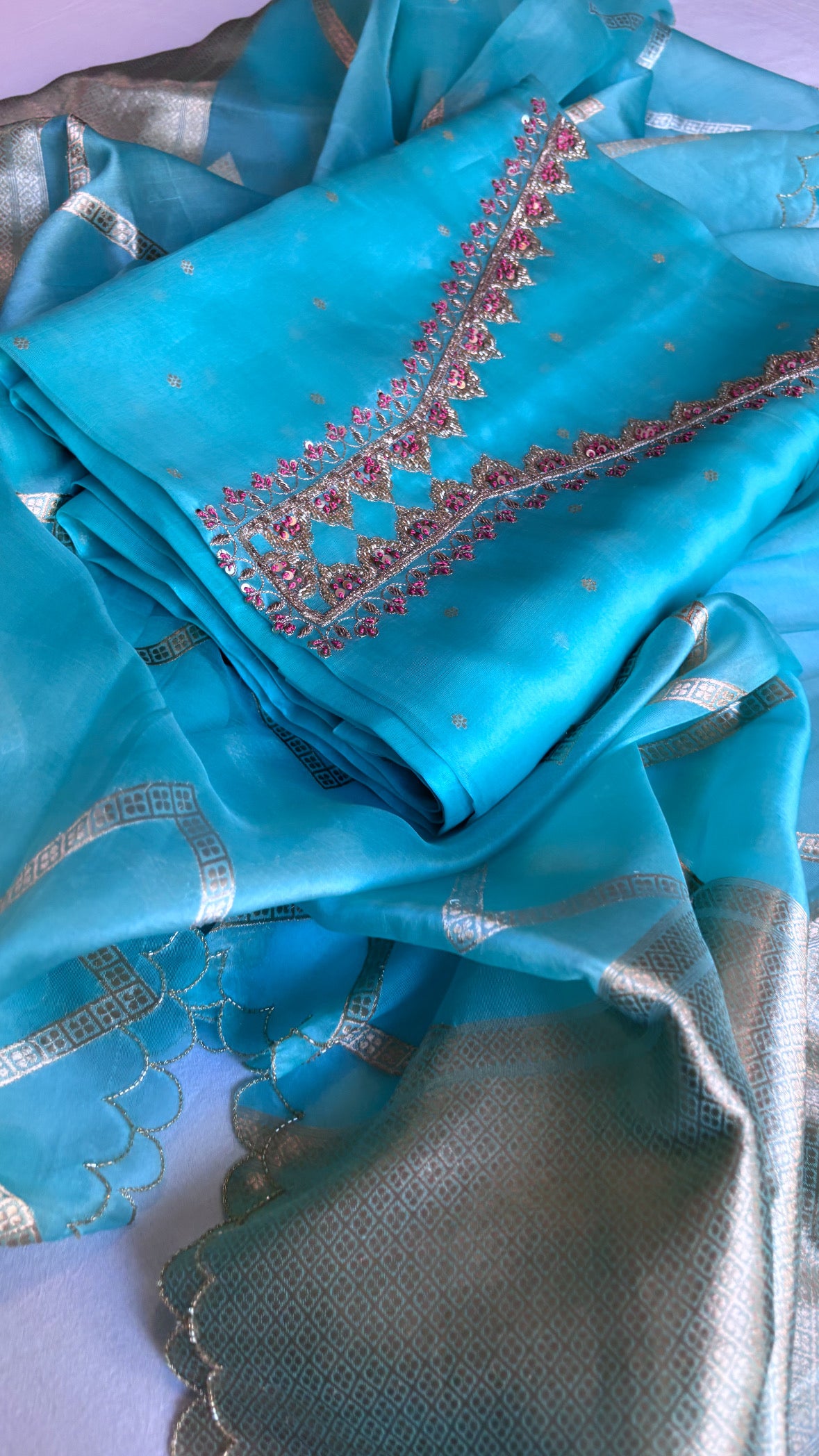 Banarasi “neela joda” kora silk hand embroidered kadhwa suit set